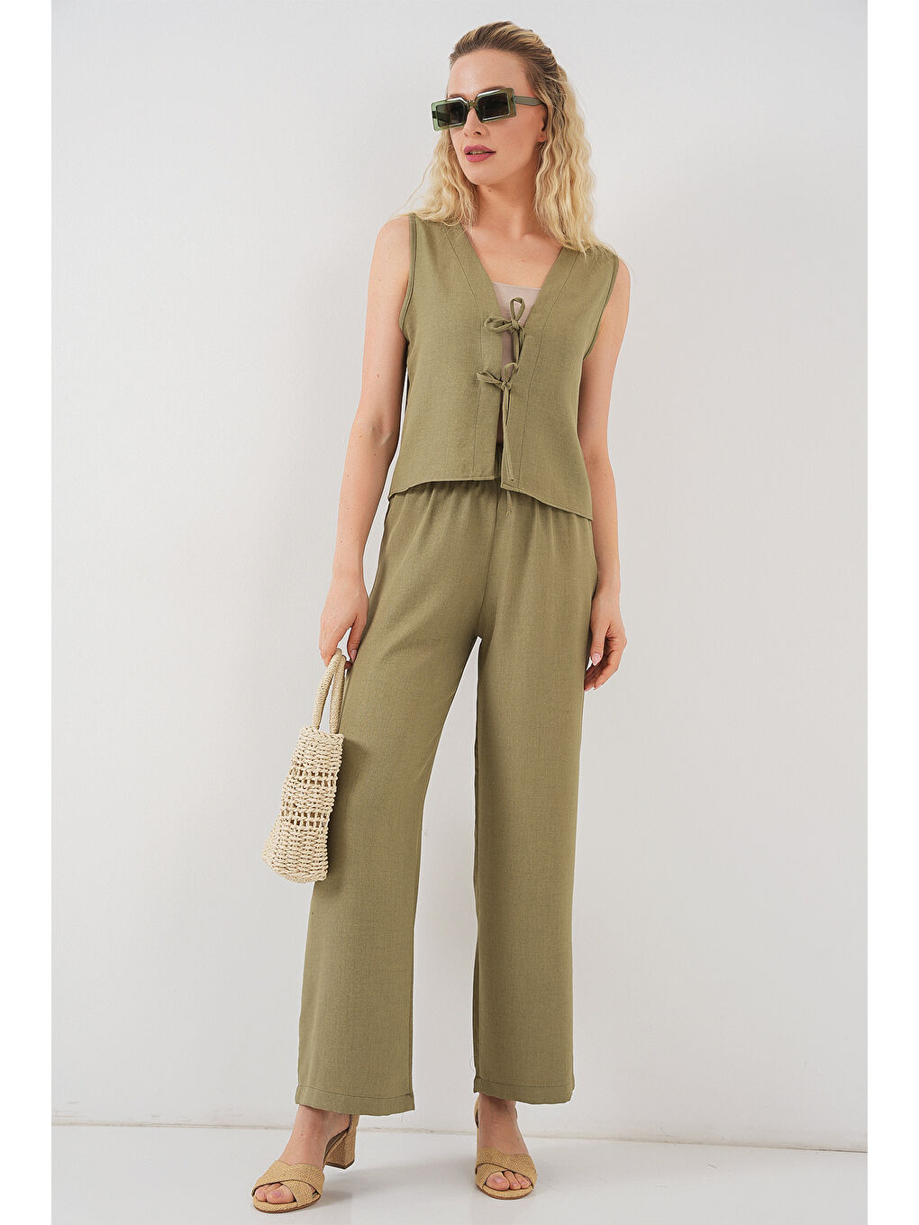 Yeşil Kadın Keten Görünümlü Sıfır Kol İkili Takım 6746 - Çağla