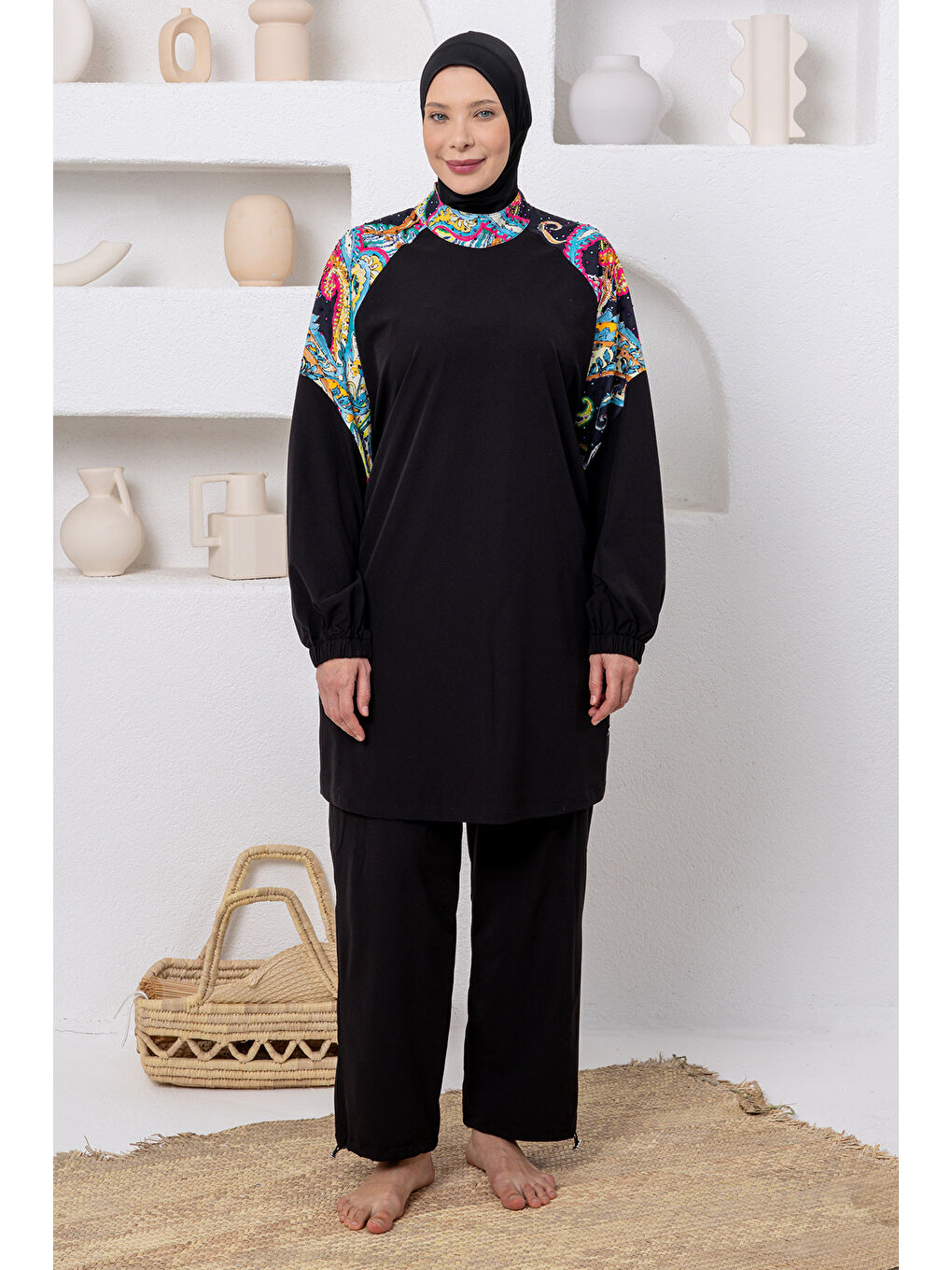 Sarı UV Korumalı Büyük Beden Spor Elastanlı Tam Kapalı Tesettür Mayo 1808 Siyah04-1