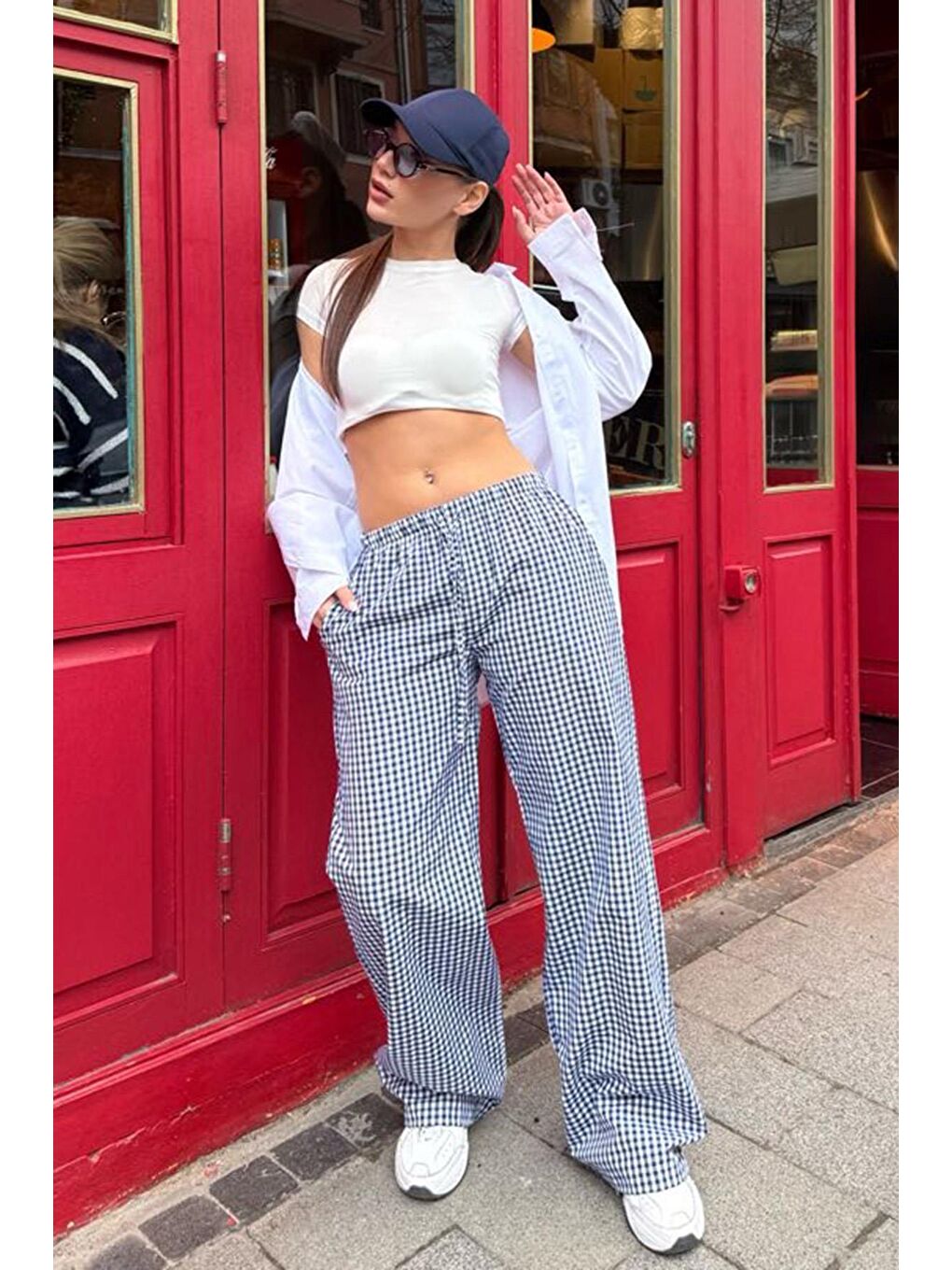 Lacivert Beli Ayarlanabilir Ekoseli Bol Paça Kadın Pantolon Mg2335