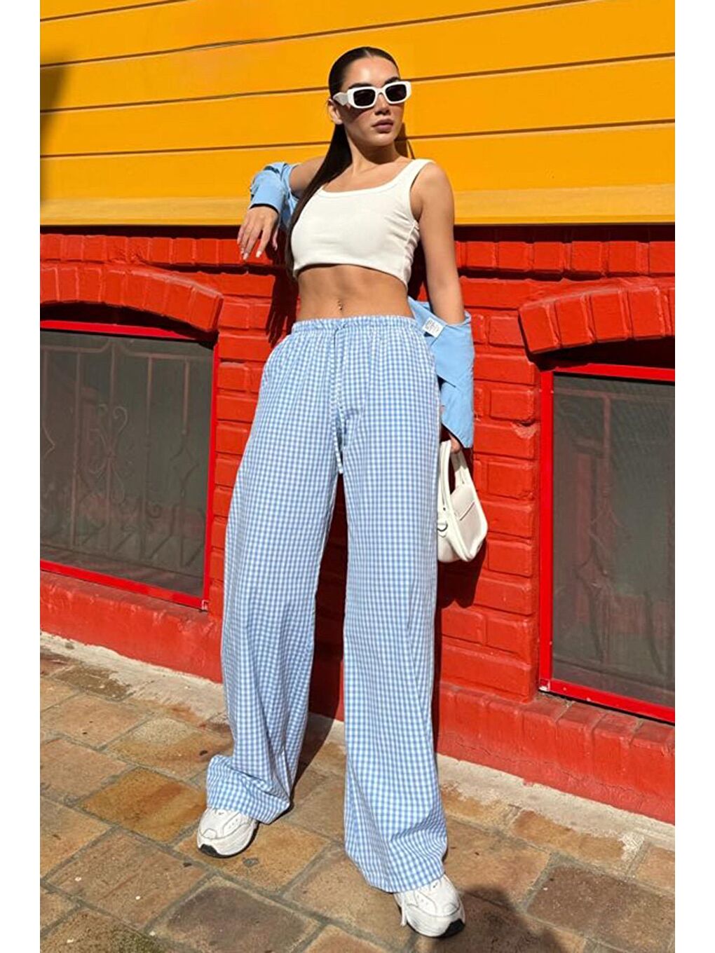 Mavi Beli Ayarlanabilir Ekoseli Bol Paça Kadın Pantolon Mg2335-1