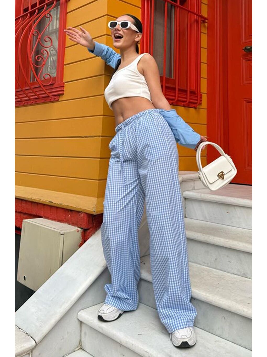 Mavi Beli Ayarlanabilir Ekoseli Bol Paça Kadın Pantolon Mg2335-3