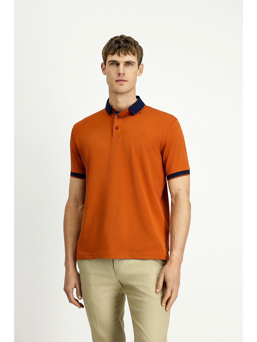 Kahverengi Polo Yaka Regular Fit Desenli Pamuklu Büyük Beden Tişört