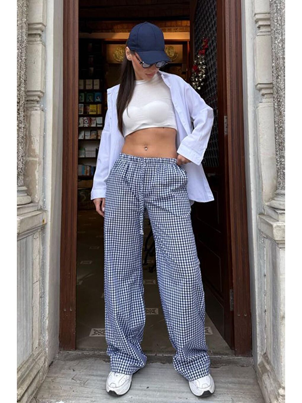 Lacivert Beli Ayarlanabilir Ekoseli Bol Paça Kadın Pantolon Mg2335-2