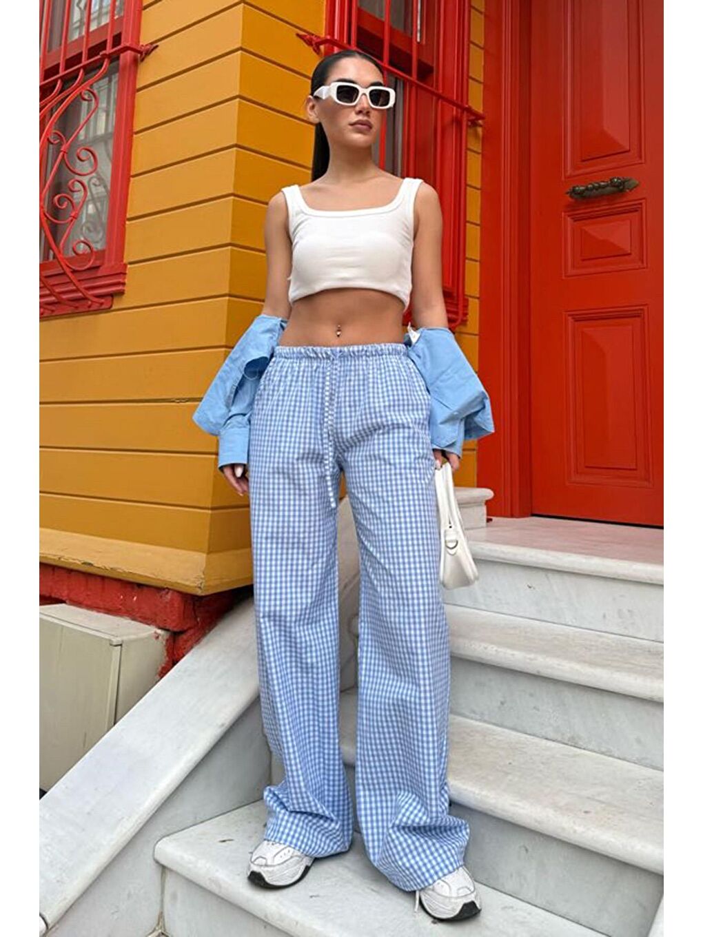 Mavi Beli Ayarlanabilir Ekoseli Bol Paça Kadın Pantolon Mg2335-4