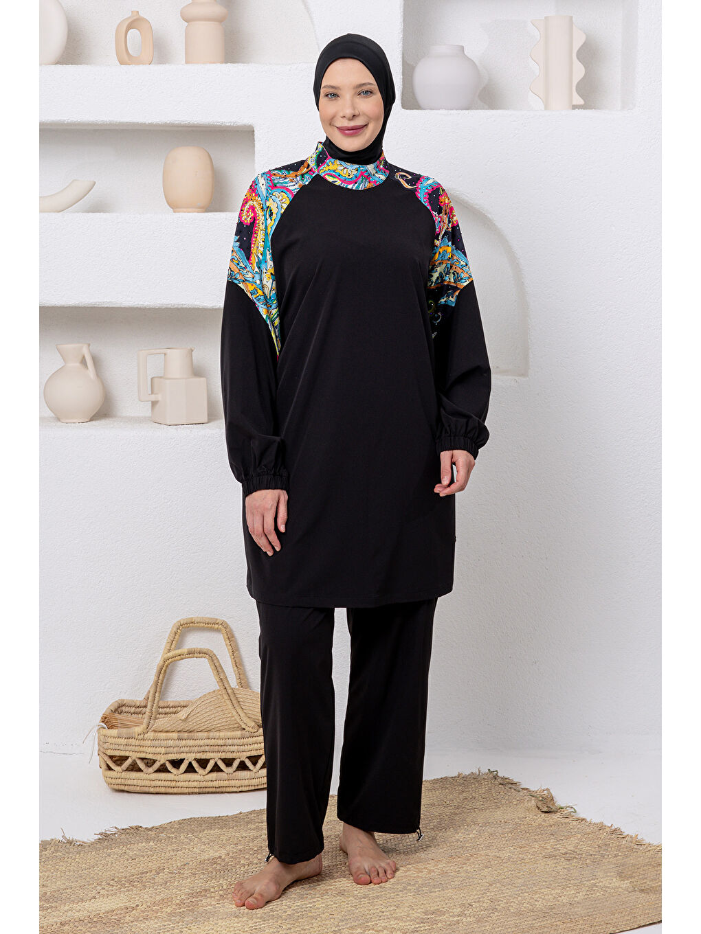 Sarı UV Korumalı Büyük Beden Spor Elastanlı Tam Kapalı Tesettür Mayo 1808 Siyah04-2