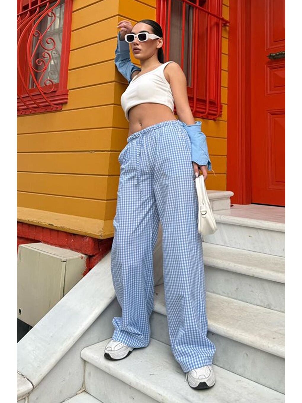 Mavi Beli Ayarlanabilir Ekoseli Bol Paça Kadın Pantolon Mg2335-5