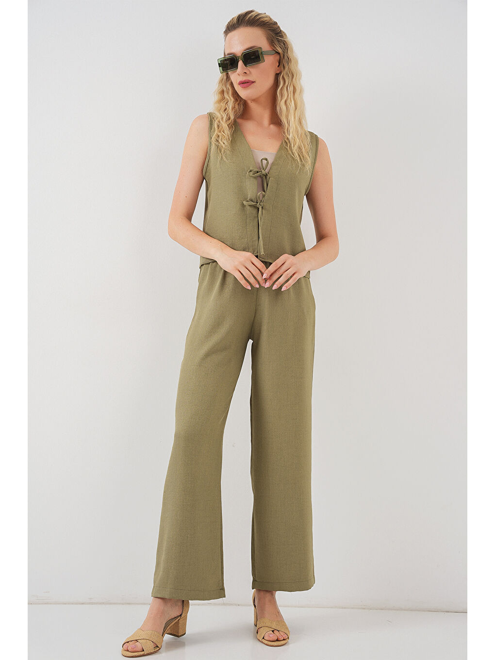 Yeşil Kadın Keten Görünümlü Sıfır Kol İkili Takım 6746 - Çağla-2