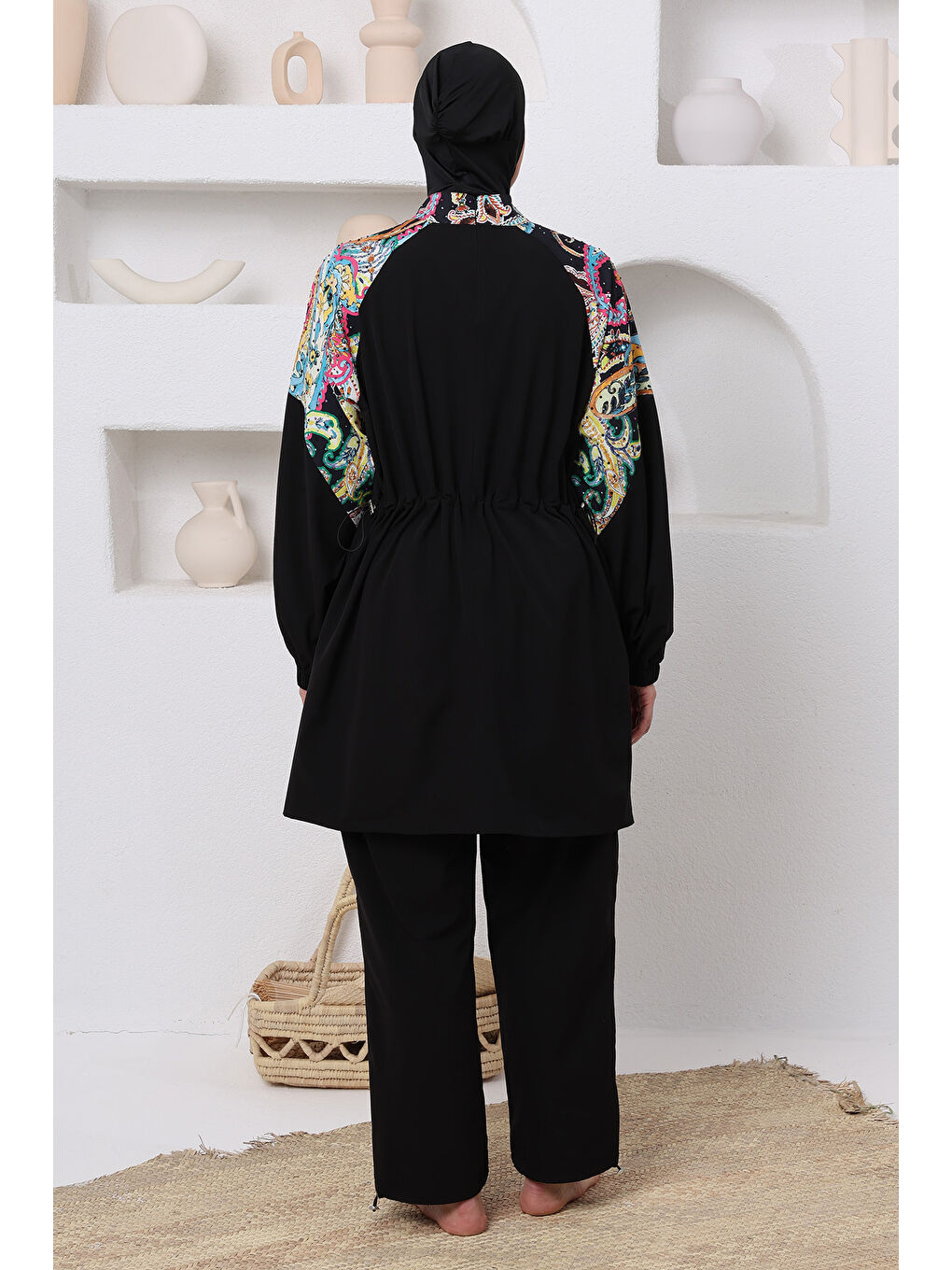 Sarı UV Korumalı Büyük Beden Spor Elastanlı Tam Kapalı Tesettür Mayo 1808 Siyah04-3