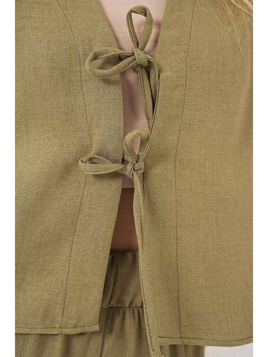 Yeşil Kadın Keten Görünümlü Sıfır Kol İkili Takım 6746 - Çağla-4