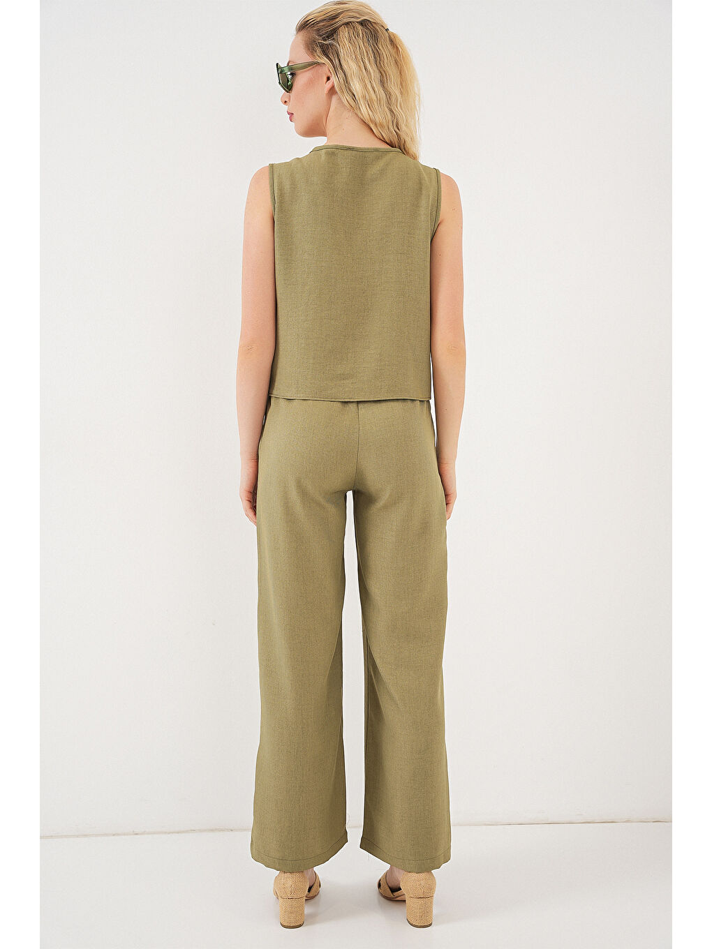 Yeşil Kadın Keten Görünümlü Sıfır Kol İkili Takım 6746 - Çağla-5