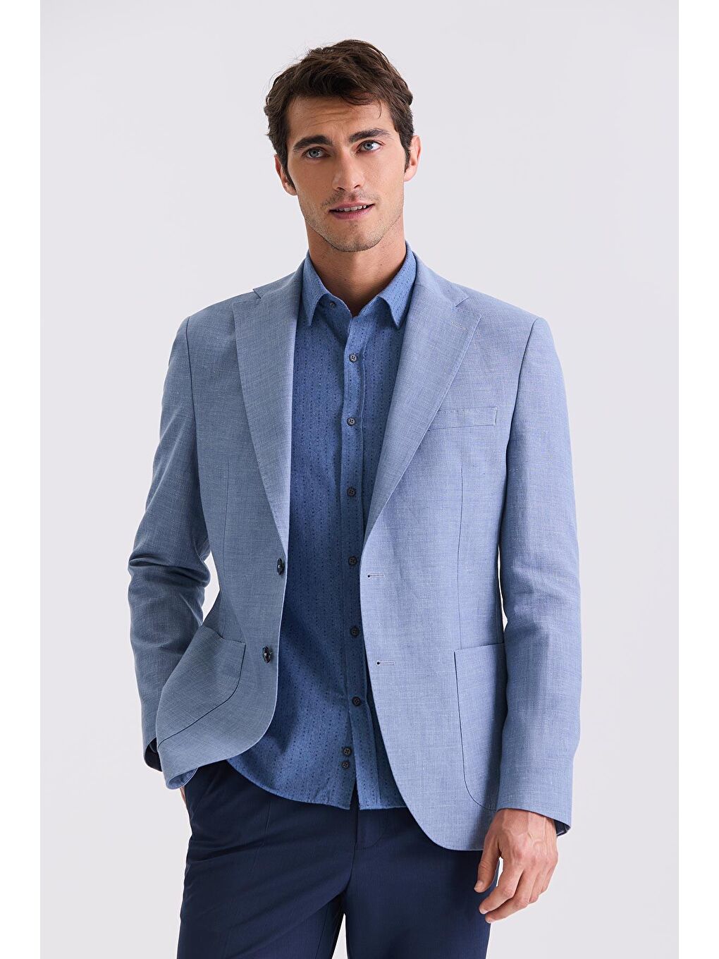 İndigo Slim Fit Mono Yaka Keten Spor Ceket