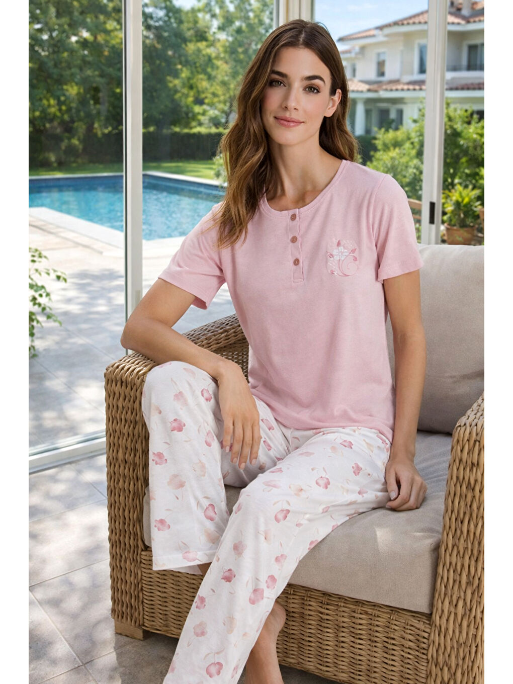 Kadın Penye Kısa Kol Pijama Takımı 3339 Pembe-3