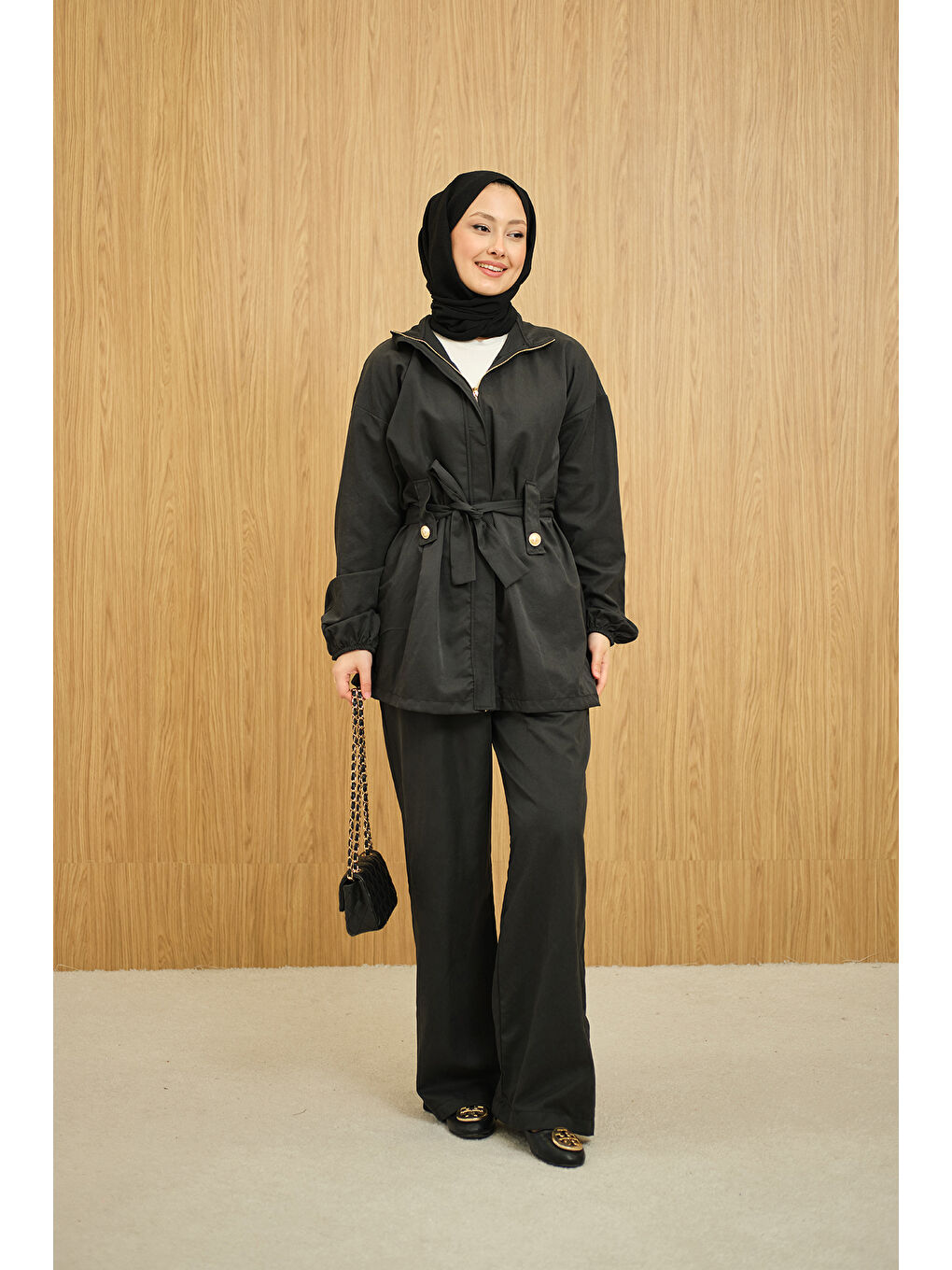 Kadın Gizli Fermuarlı Kemerli Pantolonlu Takım Siyah