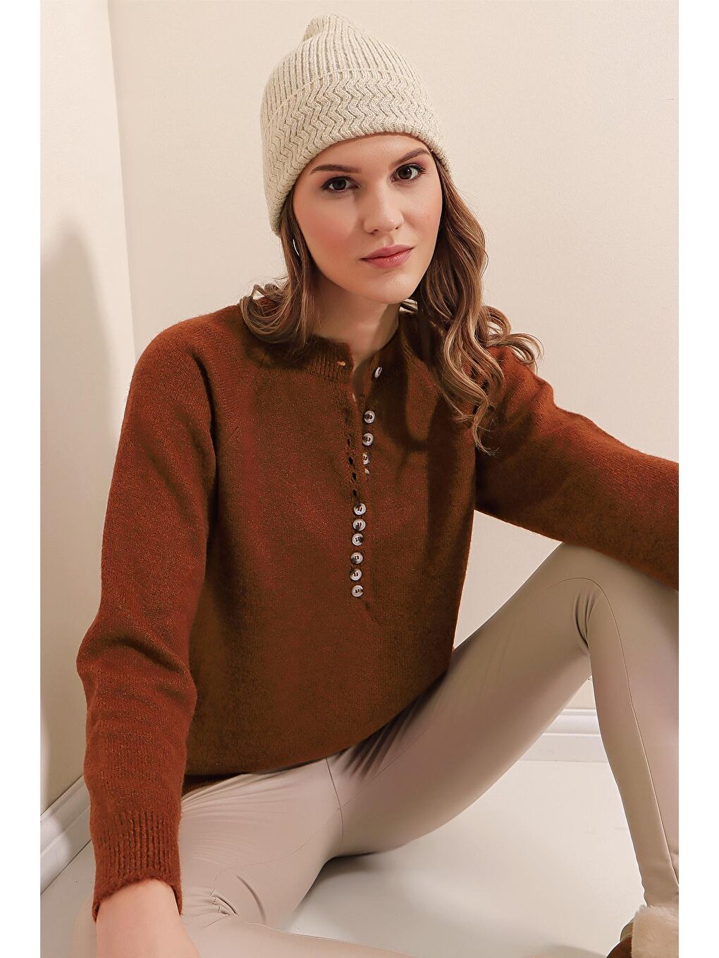 15809 Düğmeli Kazak - Kahverengi-1