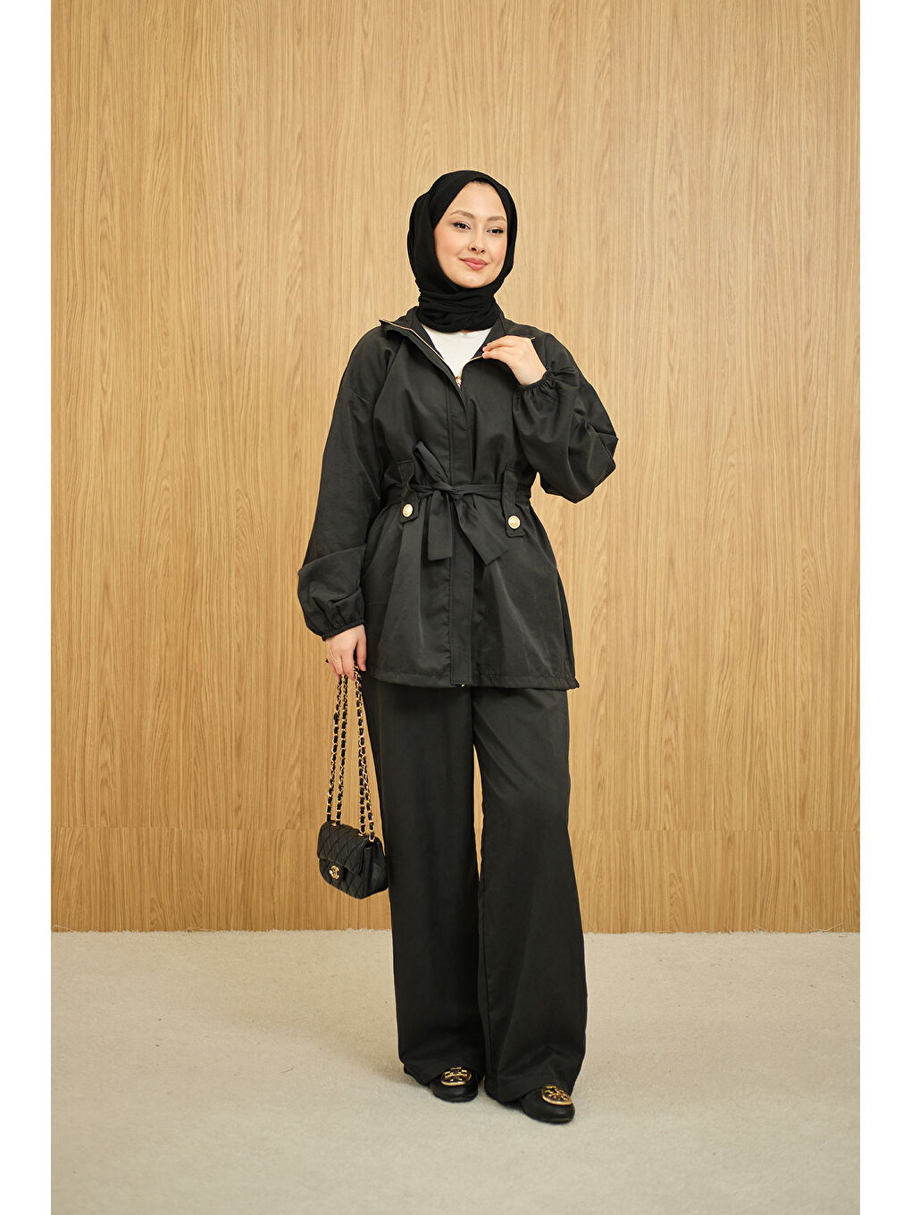 Kadın Gizli Fermuarlı Kemerli Pantolonlu Takım Siyah-1