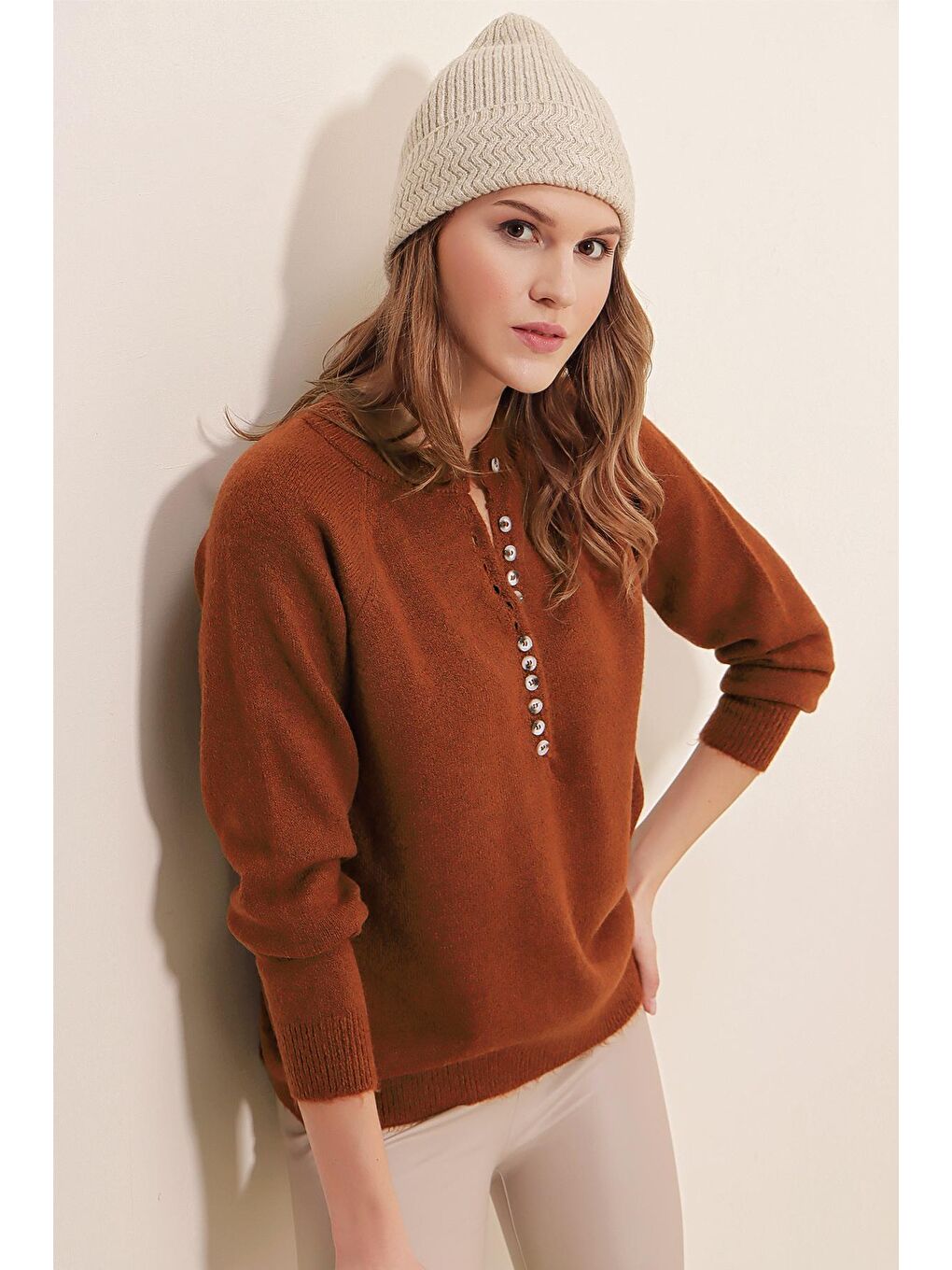 15809 Düğmeli Kazak - Kahverengi-2