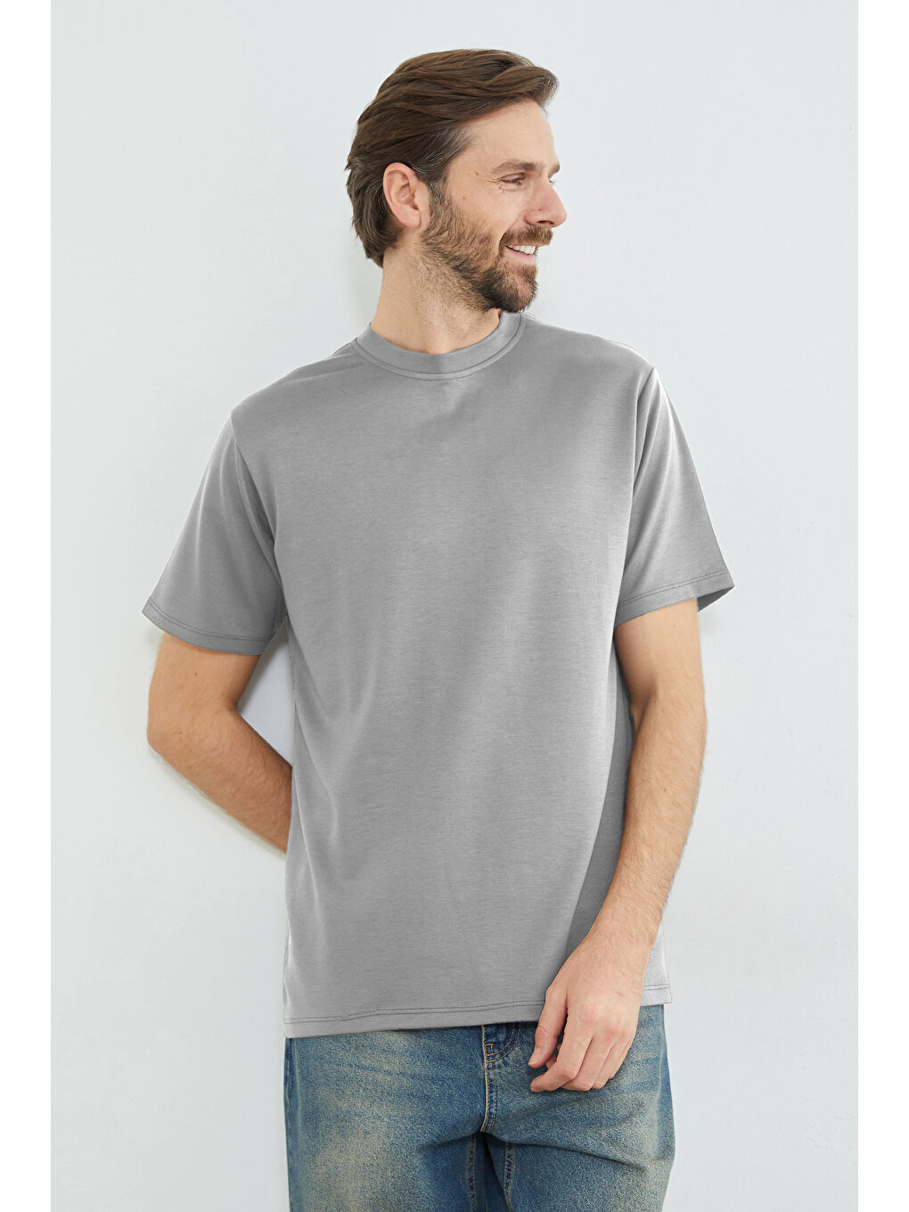 Gri Basic Bisiklet Yaka Modal Tişört-2