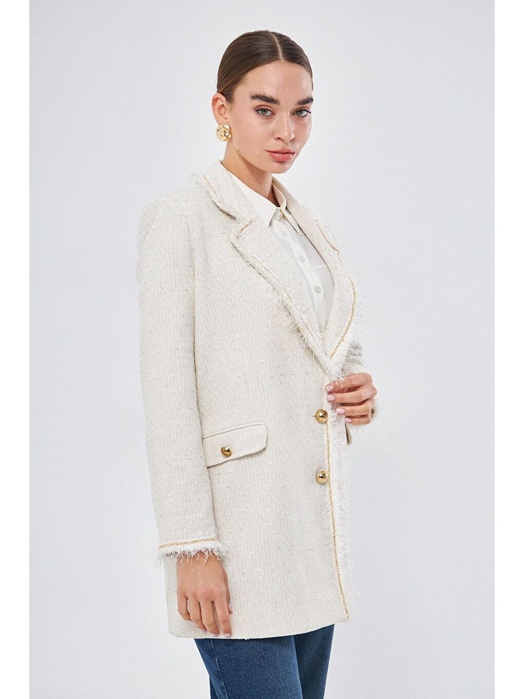 Püskül Tüvit Ekru Ceket-1