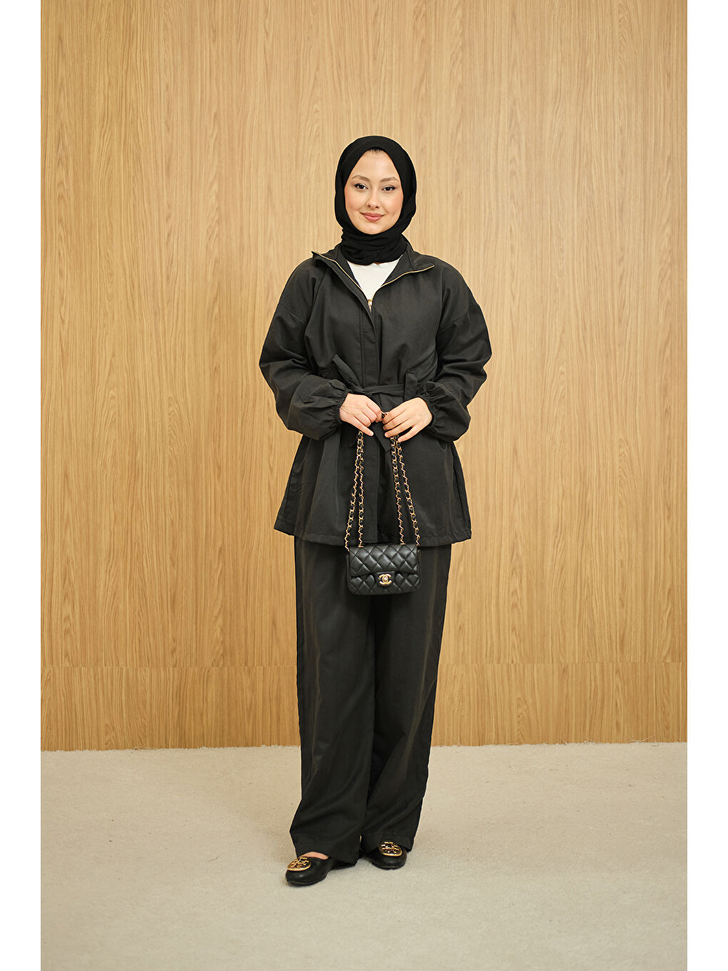 Kadın Gizli Fermuarlı Kemerli Pantolonlu Takım Siyah-2