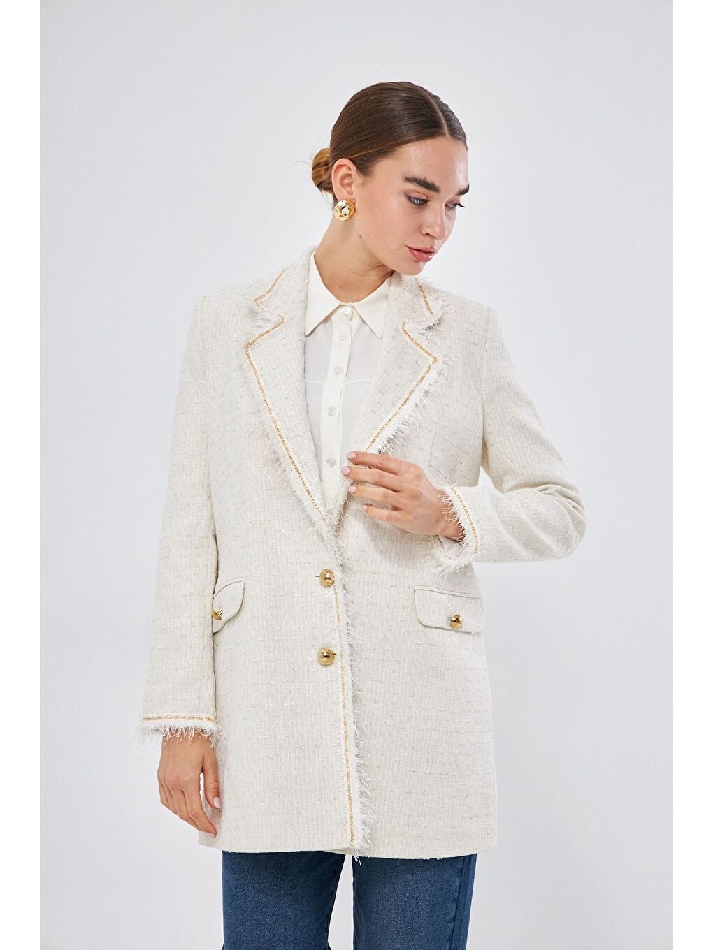 Püskül Tüvit Ekru Ceket-3