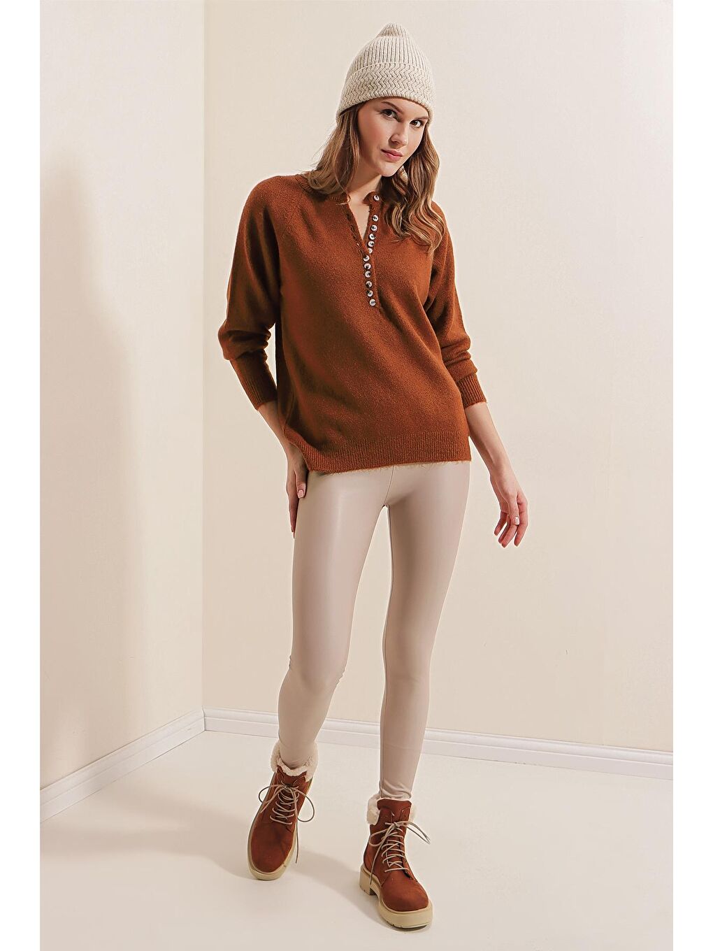 15809 Düğmeli Kazak - Kahverengi-3