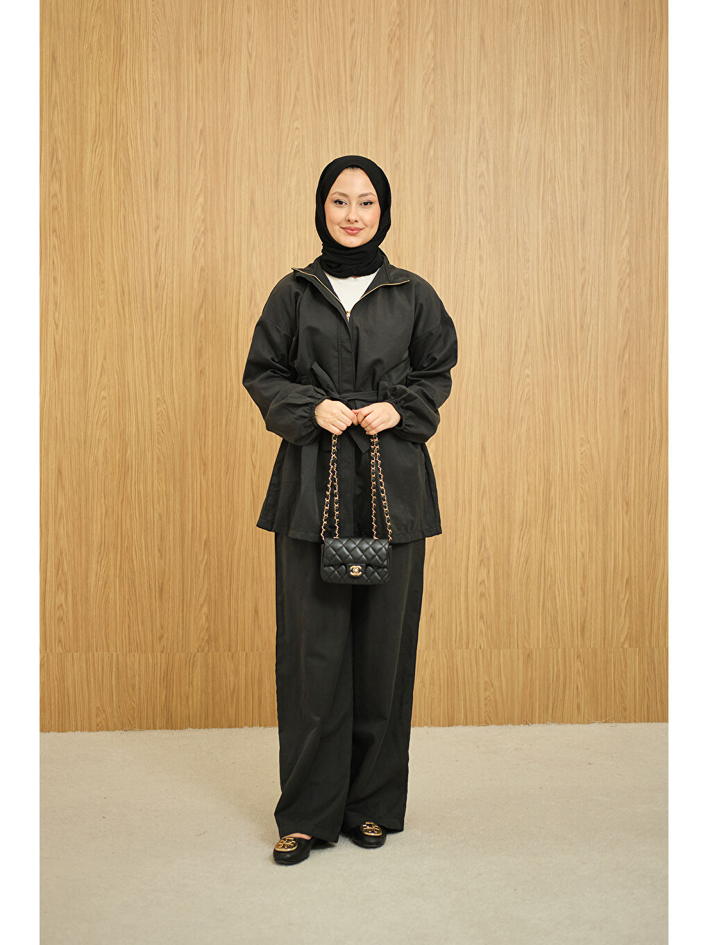 Kadın Gizli Fermuarlı Kemerli Pantolonlu Takım Siyah-3