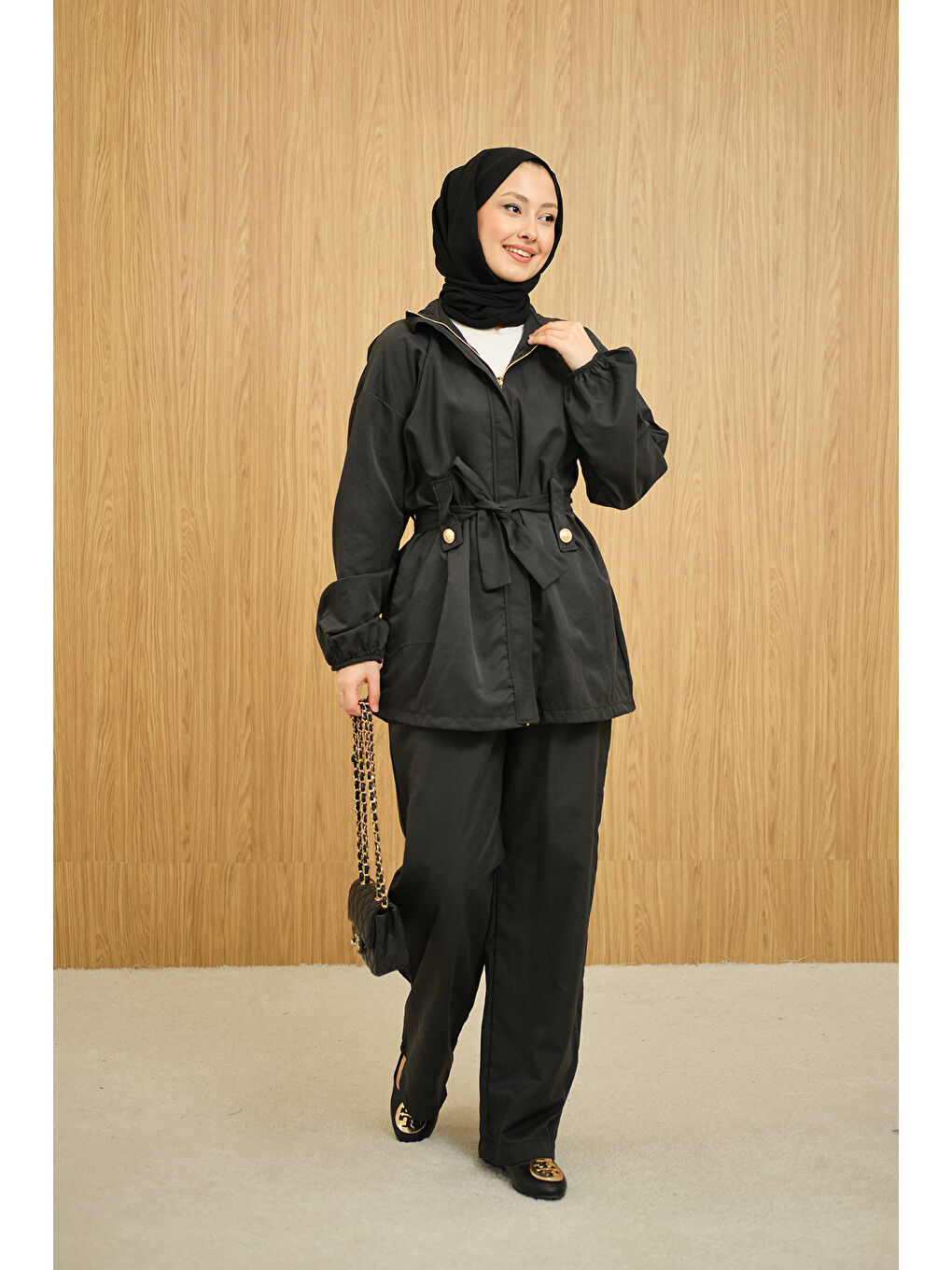 Kadın Gizli Fermuarlı Kemerli Pantolonlu Takım Siyah-4