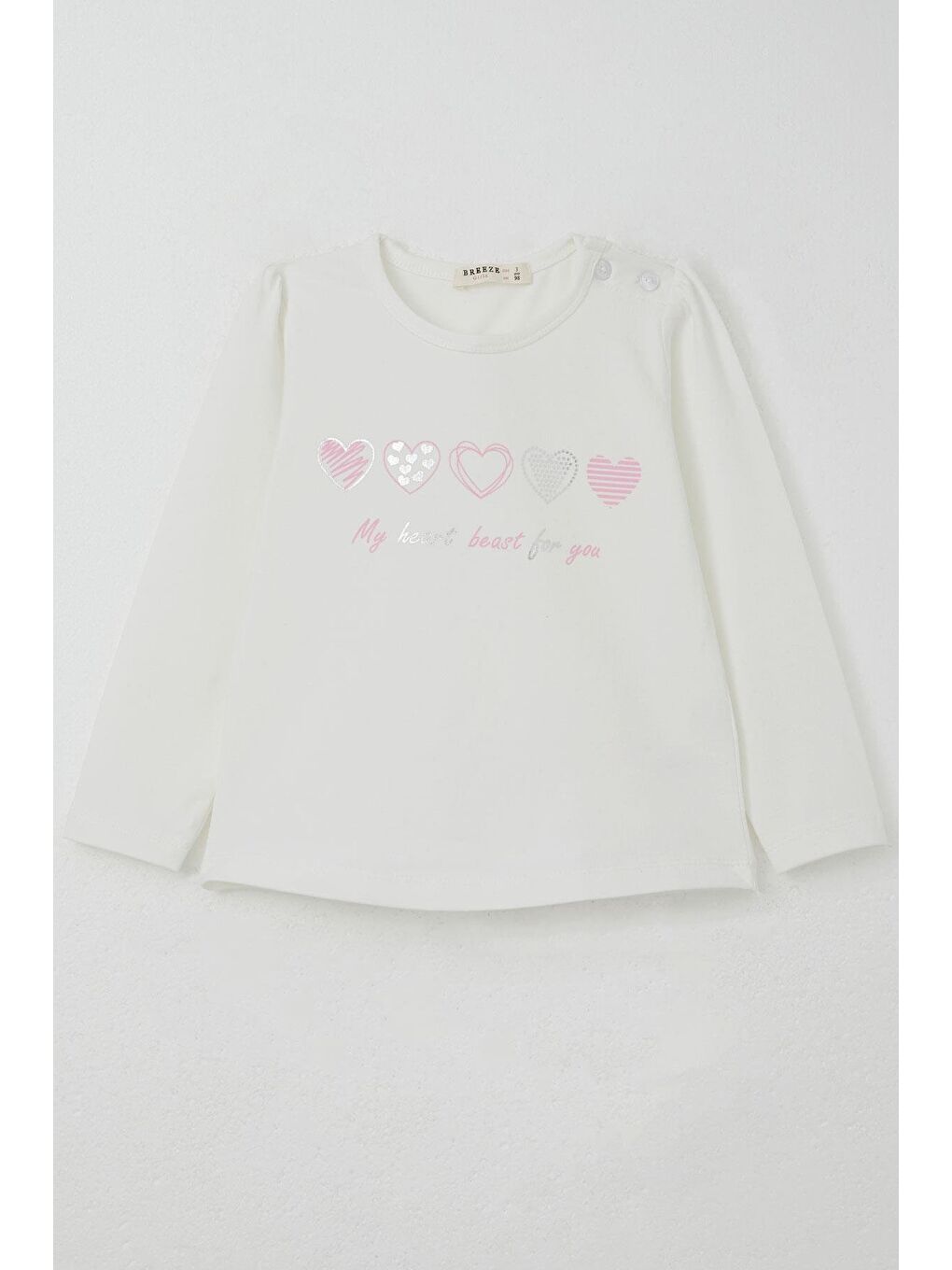 Kız Çocuk Uzun Kollu Tişört Minik Kalpler Ekru (1.5 Yaş)