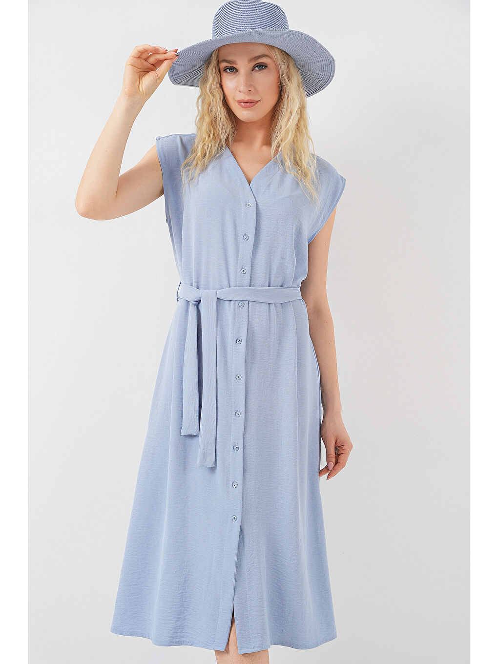 Kadın Sıfır Kol Kuşaklı Ayrobin Elbise 2568 - Mavi-3