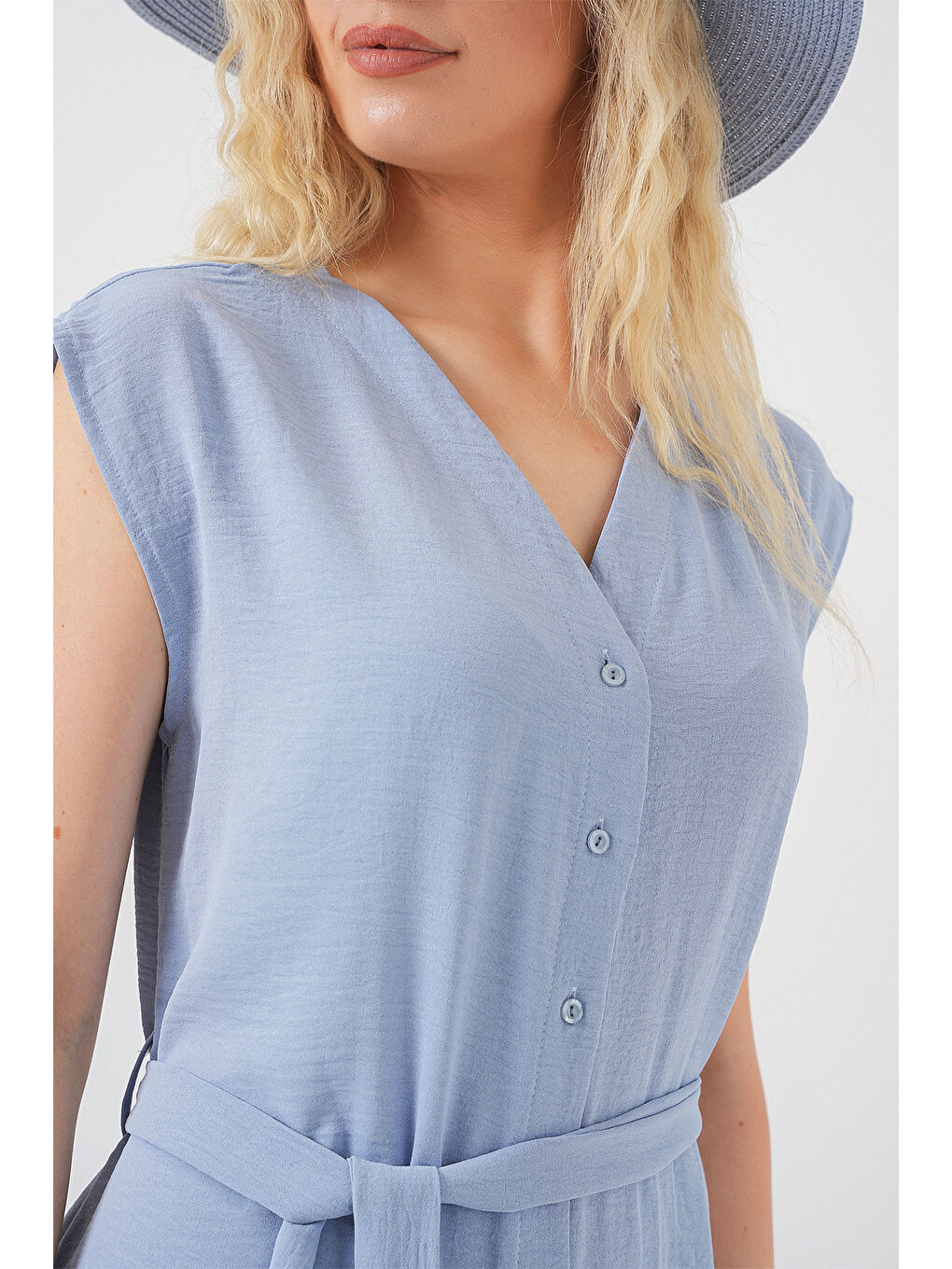 Kadın Sıfır Kol Kuşaklı Ayrobin Elbise 2568 - Mavi-4