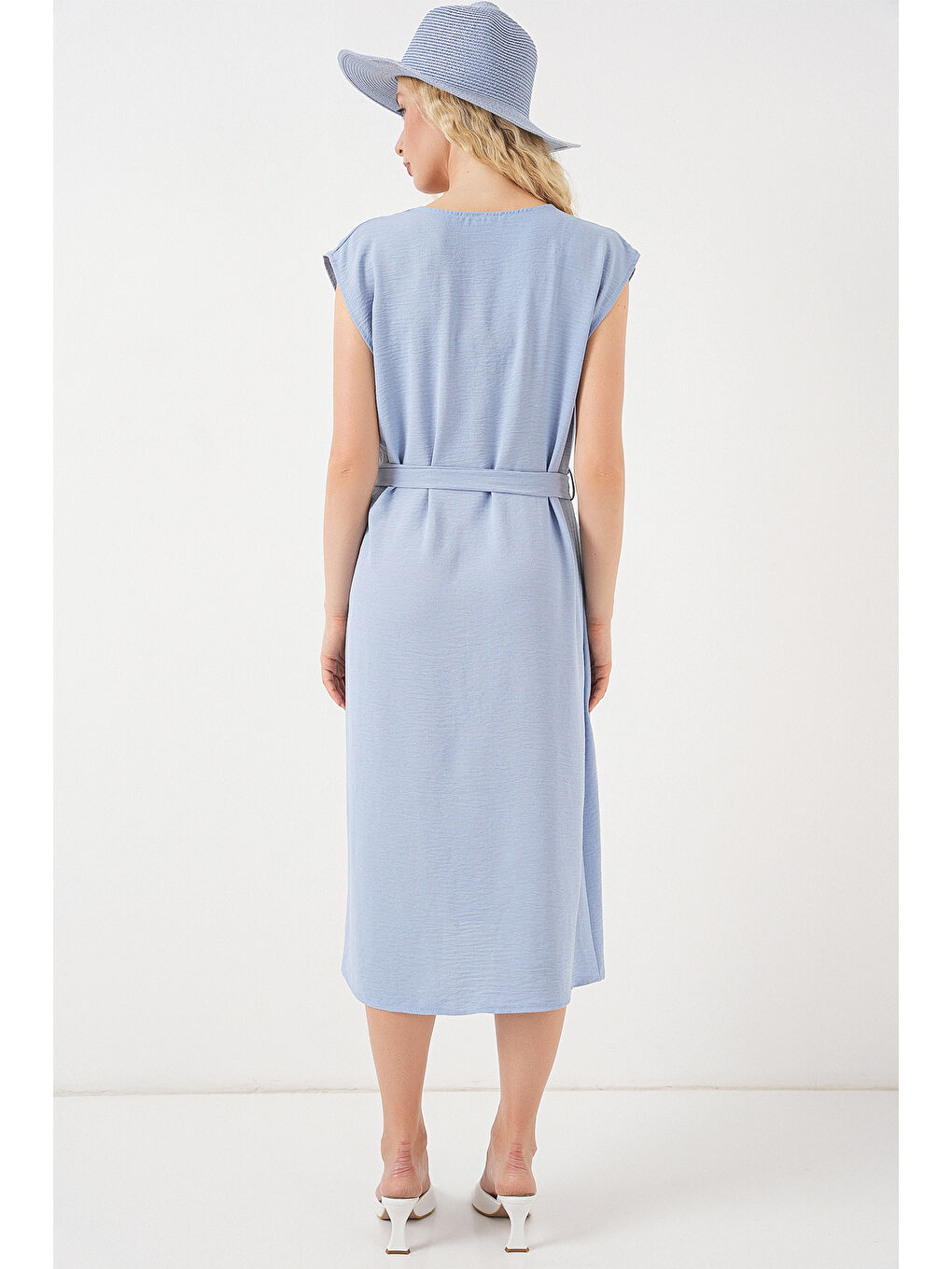 Kadın Sıfır Kol Kuşaklı Ayrobin Elbise 2568 - Mavi-5