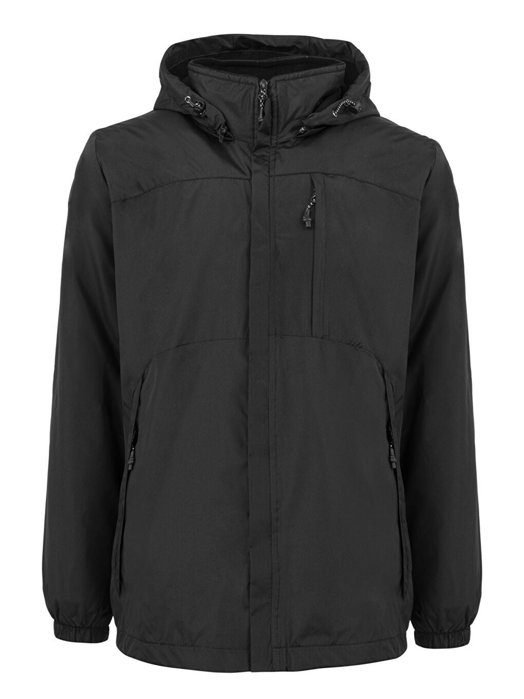 Erkek Kapüşonlu Rüzgar Geçirmez Cep Detaylı İçi Polar Kışlık Mont Siyah RMNT02