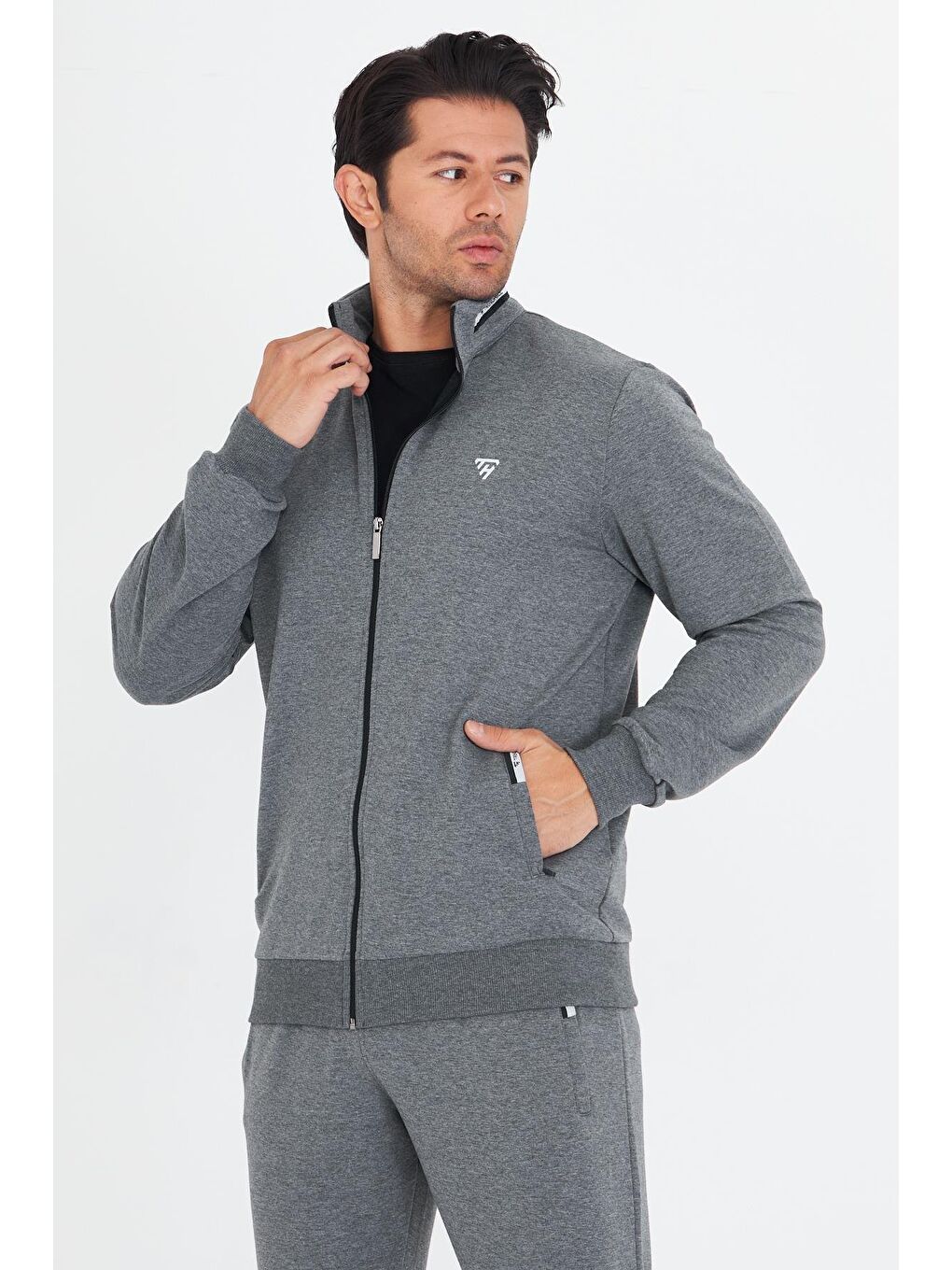 Erkek Pamuklu Dik Yakalı Eşofman Takımı Antrasit 5749-A-1
