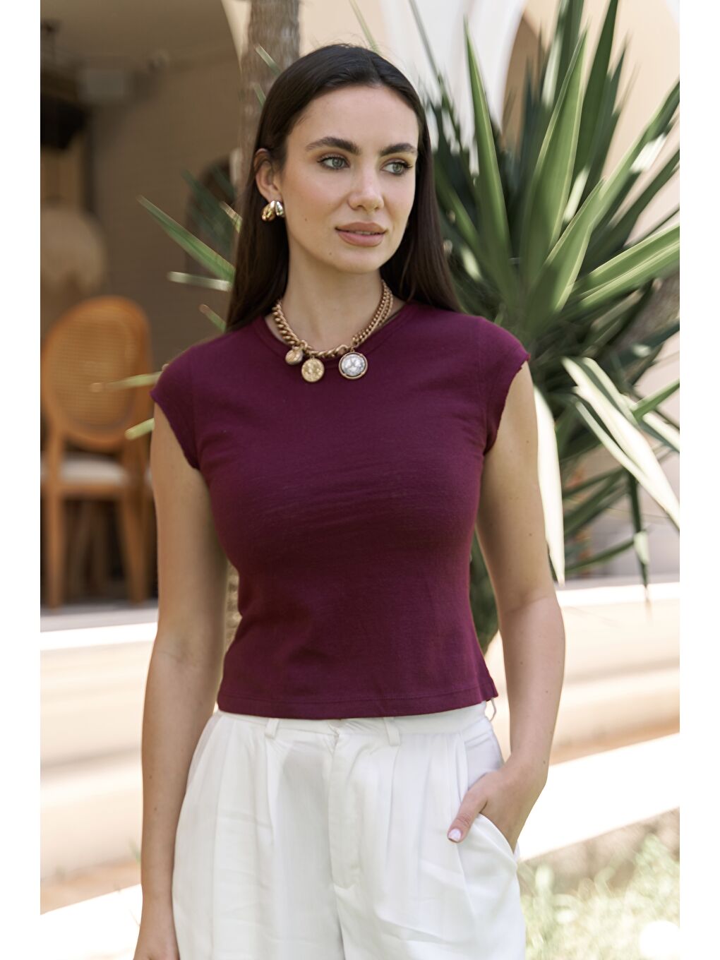 Kensal Dar Kesim Bordo T-Shirt-2