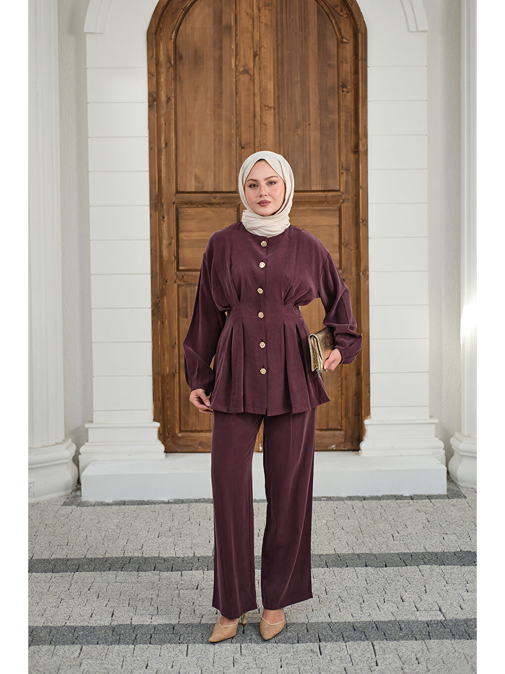 Kadın Gold Düğmeli Pileli Pantolonlu Takım Mürdüm