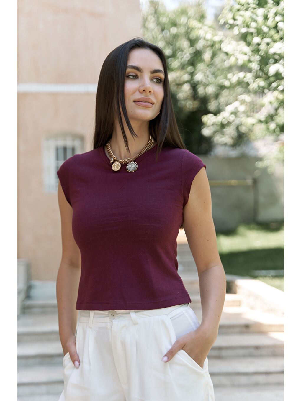 Kensal Dar Kesim Bordo T-Shirt-3