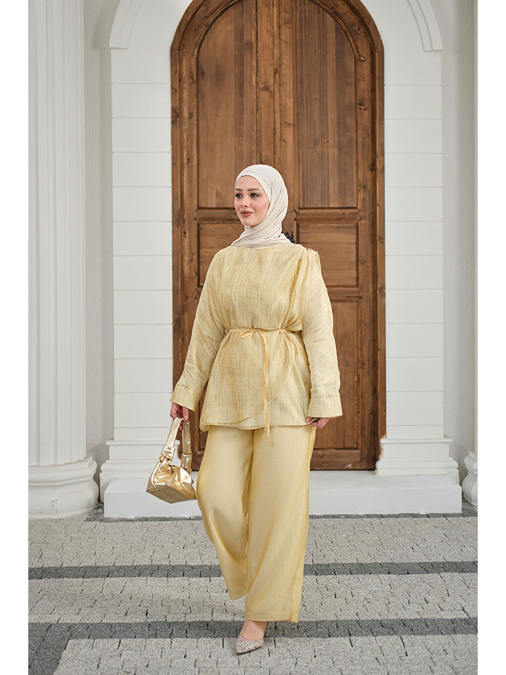 Kadın Yaka Şal Detay Bel Bağlamalı Takım Sarı-1