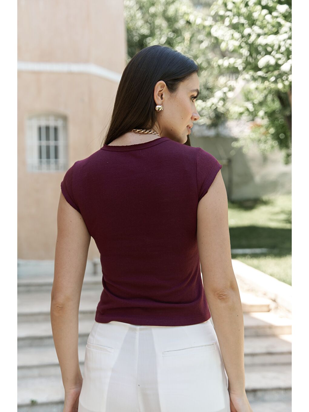 Kensal Dar Kesim Bordo T-Shirt-4