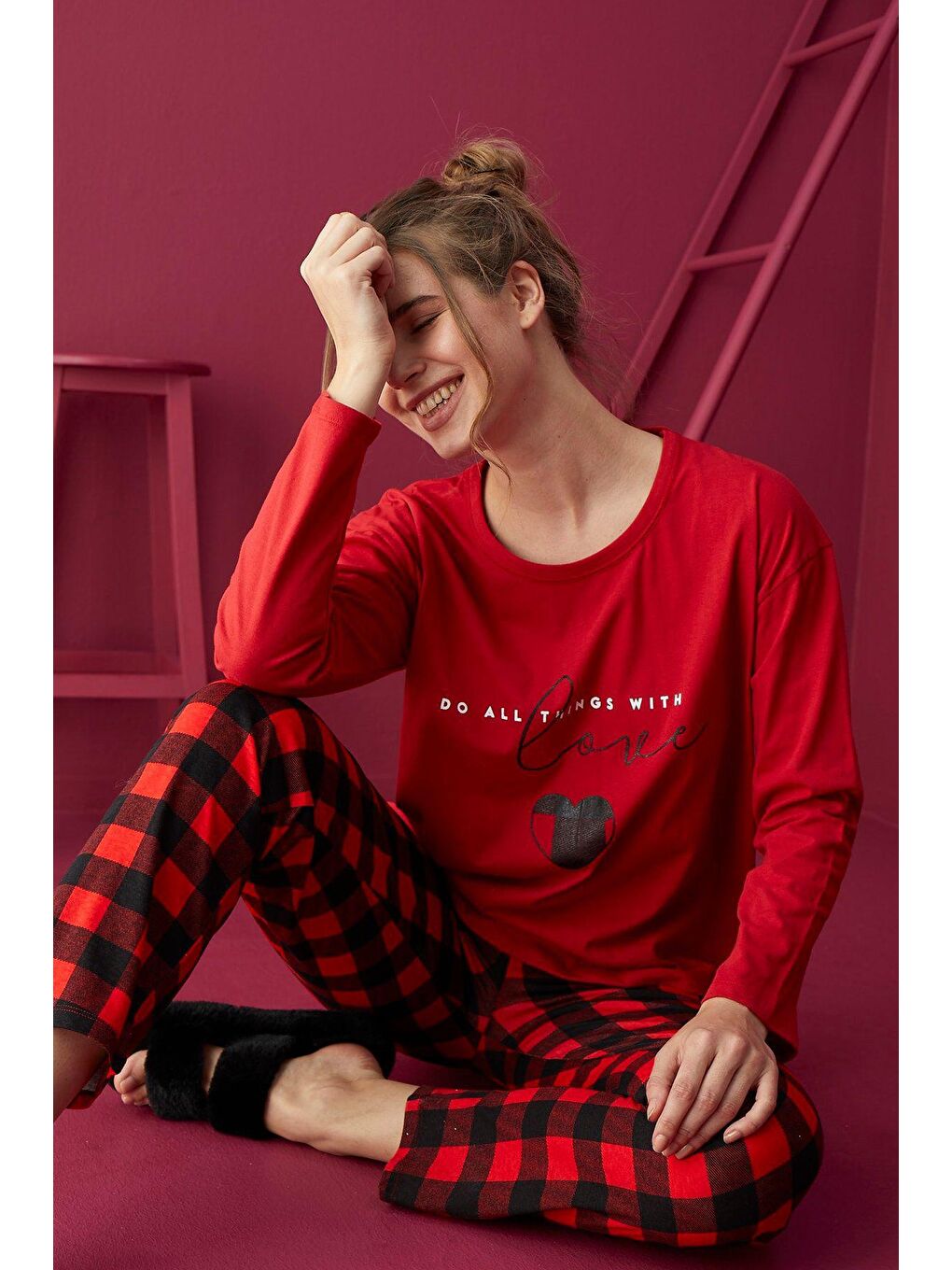 Kırmızı Pamuklu Pijama Takım ELZ-1101 -16