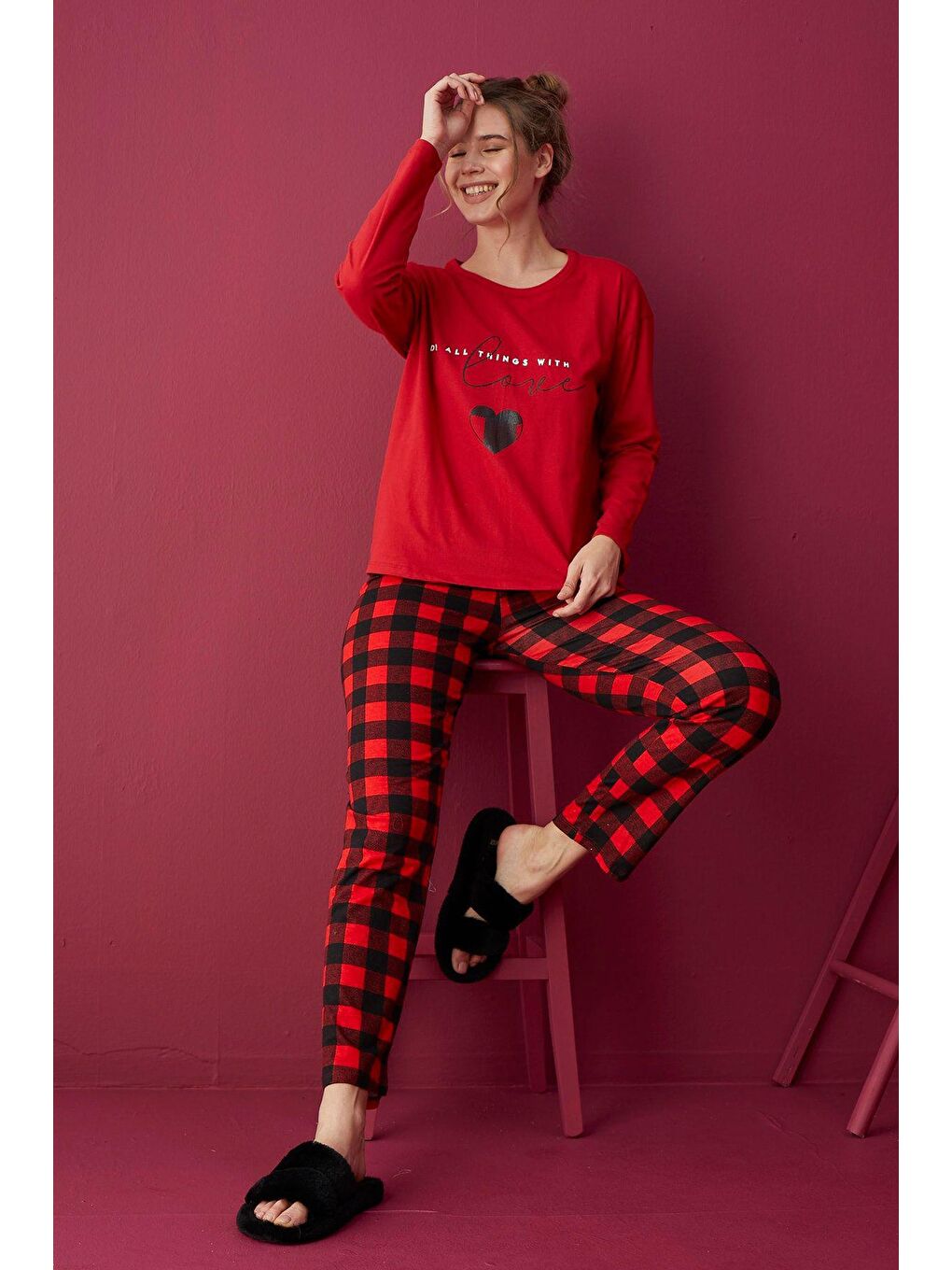 Kırmızı Pamuklu Pijama Takım ELZ-1101 -16-1