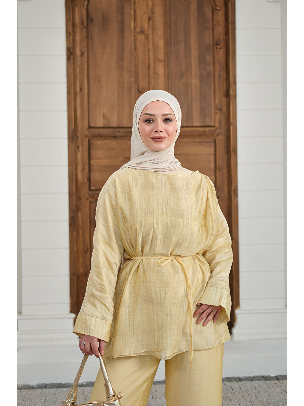 Kadın Yaka Şal Detay Bel Bağlamalı Takım Sarı-2