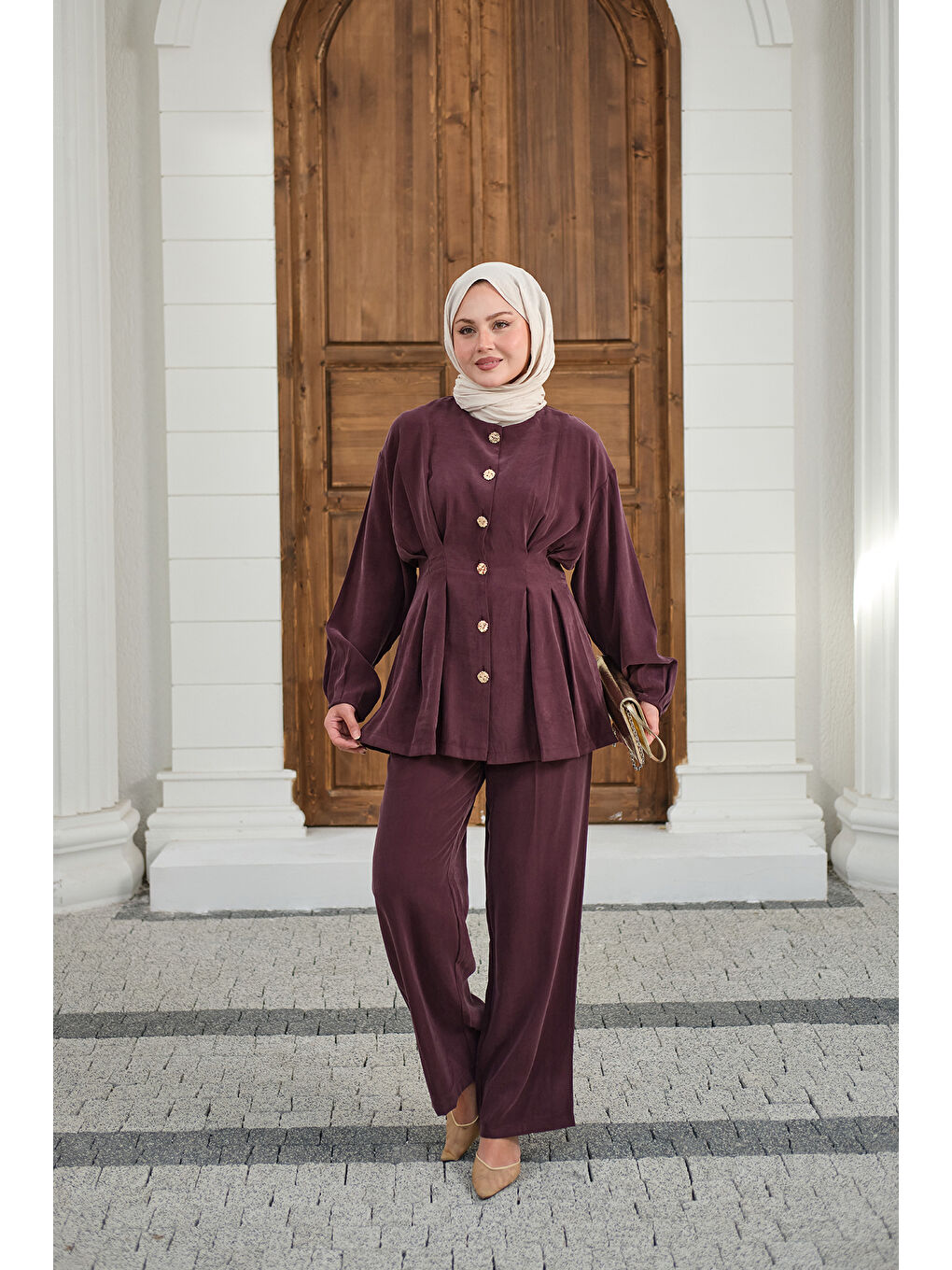 Kadın Gold Düğmeli Pileli Pantolonlu Takım Mürdüm-1