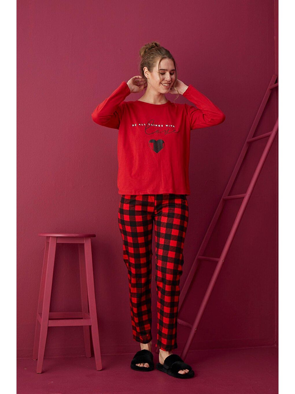 Kırmızı Pamuklu Pijama Takım ELZ-1101 -16-2