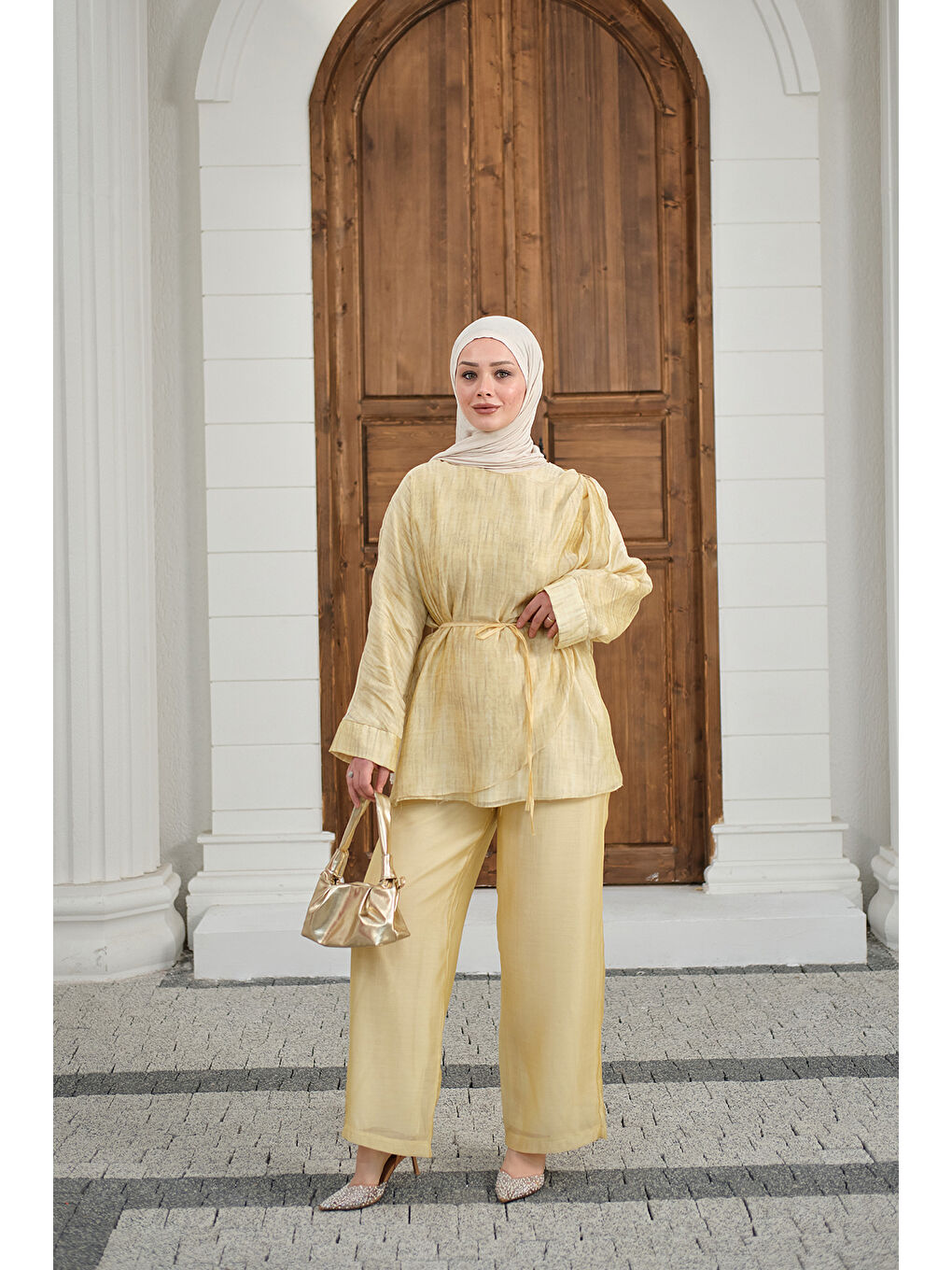 Kadın Yaka Şal Detay Bel Bağlamalı Takım Sarı-3