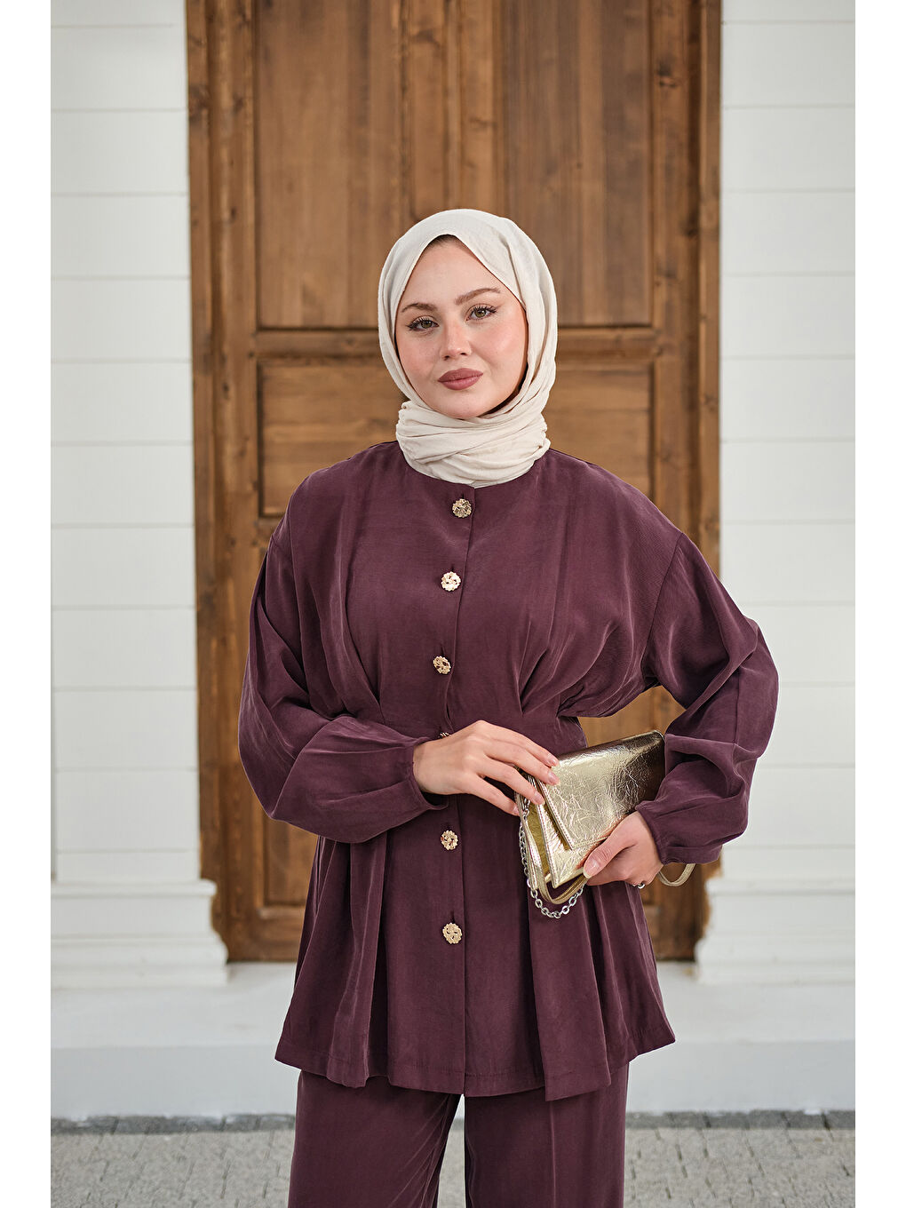 Kadın Gold Düğmeli Pileli Pantolonlu Takım Mürdüm-2