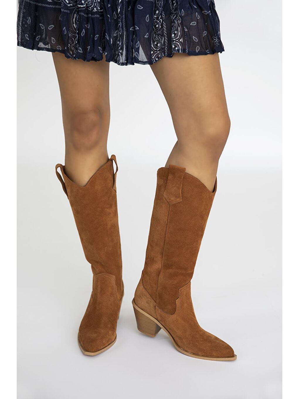 Kahverengi Belt  Kadın  Sivri  Burun Hakiki Deri  Süet  Çizme Taba-1