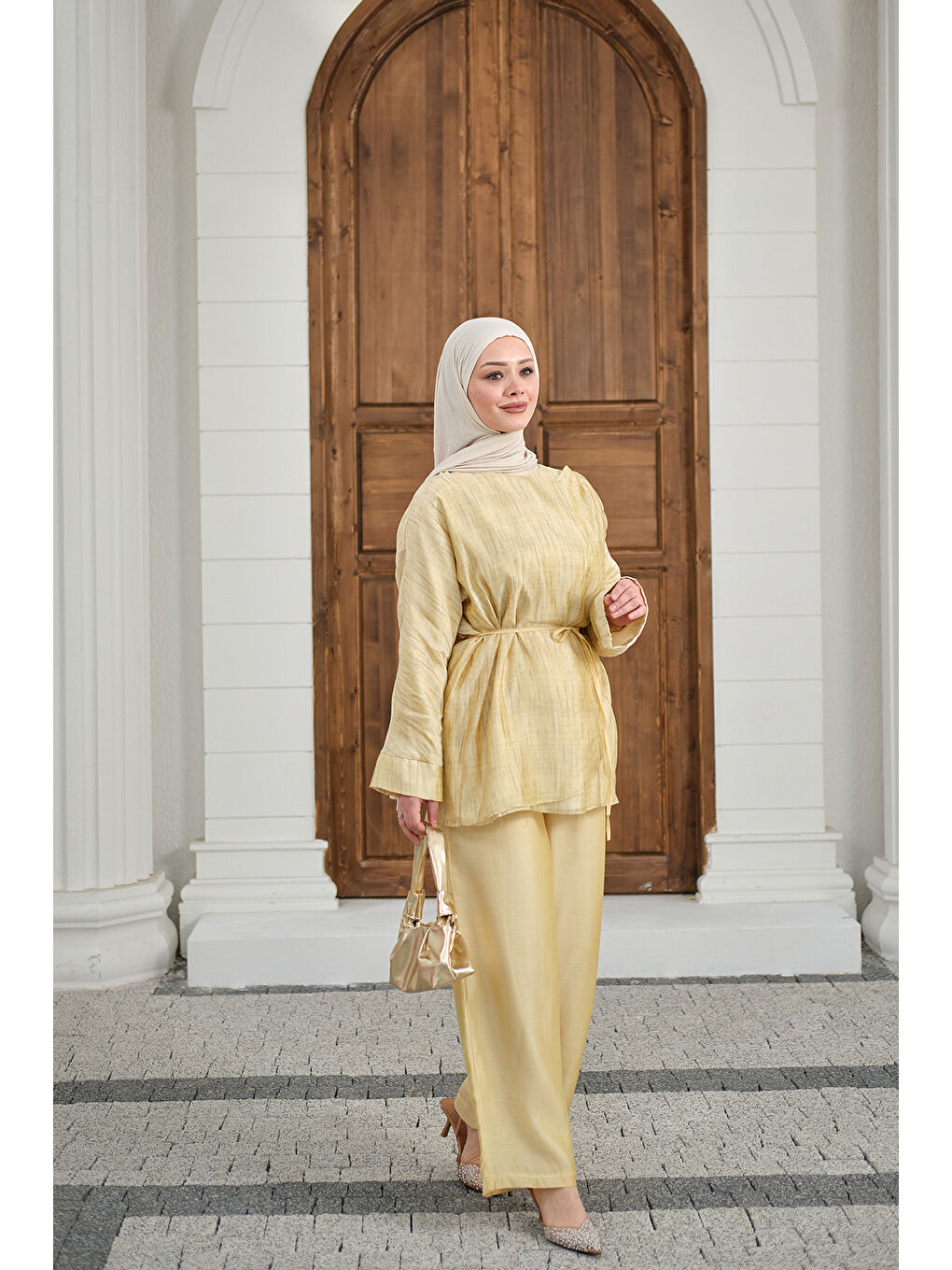 Kadın Yaka Şal Detay Bel Bağlamalı Takım Sarı-4