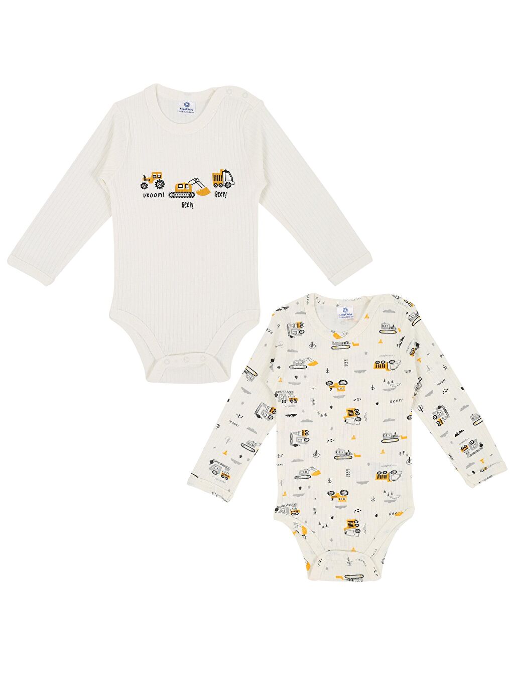 Ekru Bisiklet Yaka Baskılı Uzun Kollu Erkek Bebek Çıtçıtlı Body 2'li