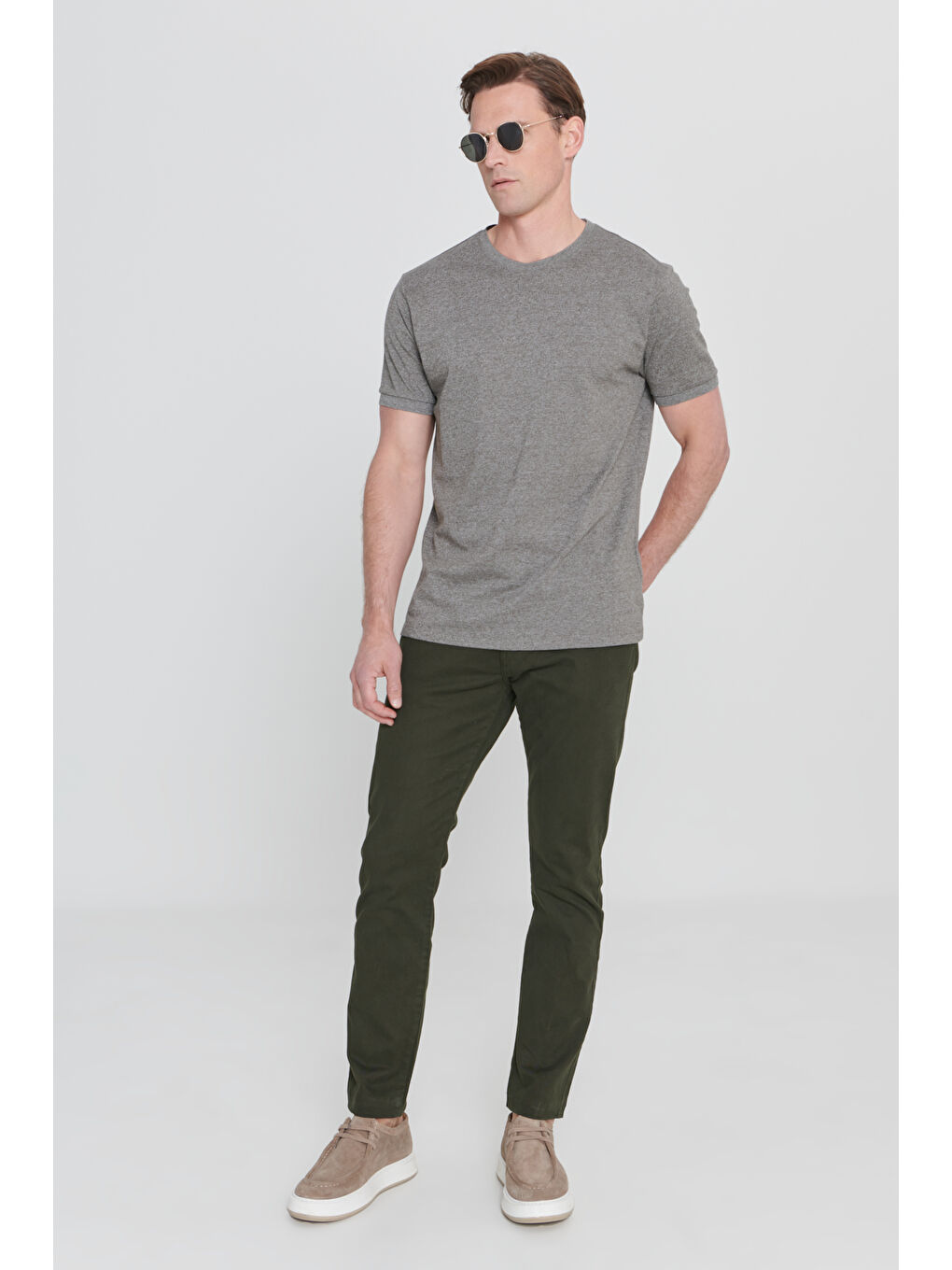 Erkek Haki Melanj Slim Fit Dar Kesim Bisiklet Yaka Pamuklu Kısa Kollu Tişört-1