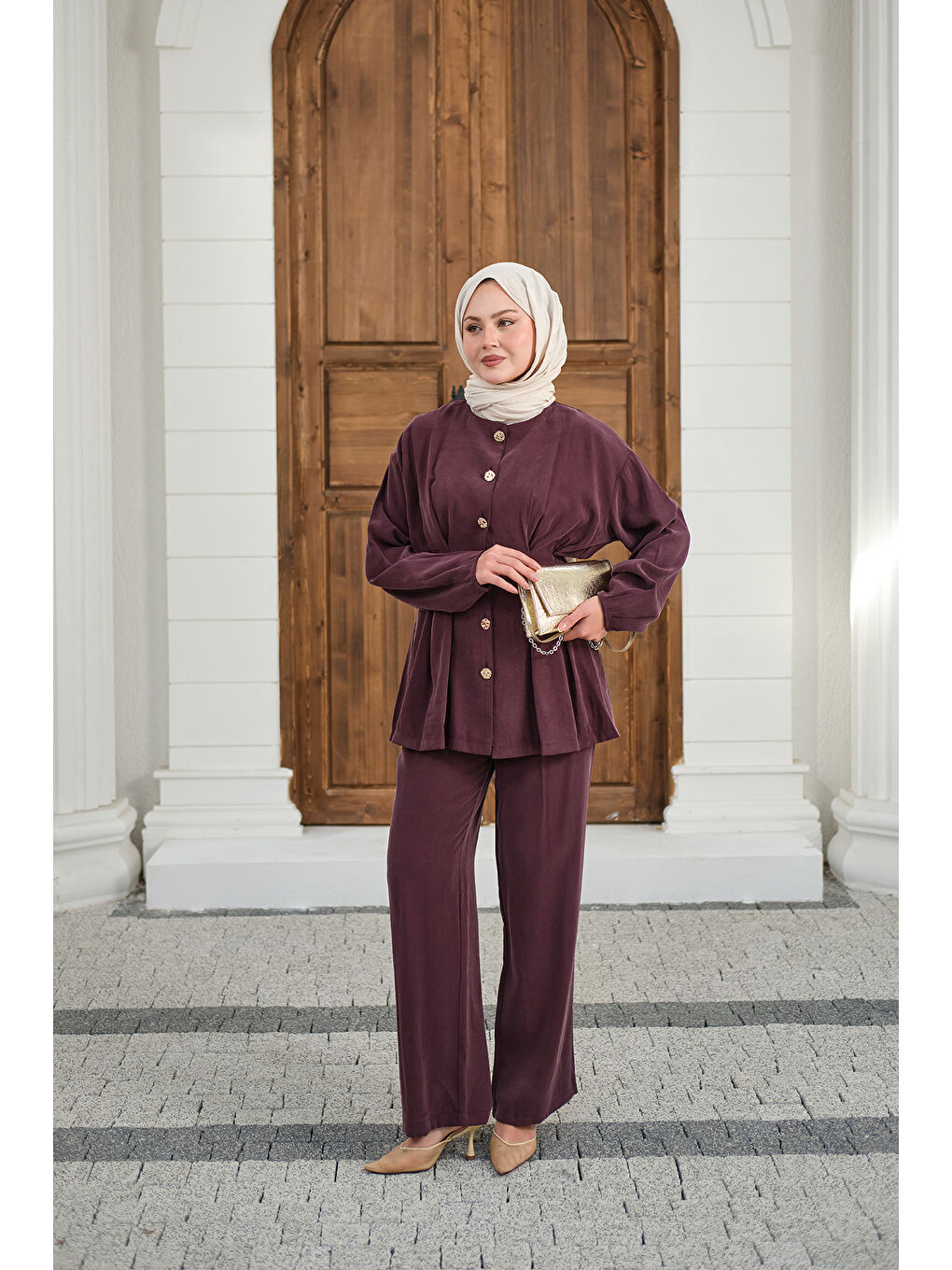 Kadın Gold Düğmeli Pileli Pantolonlu Takım Mürdüm-4